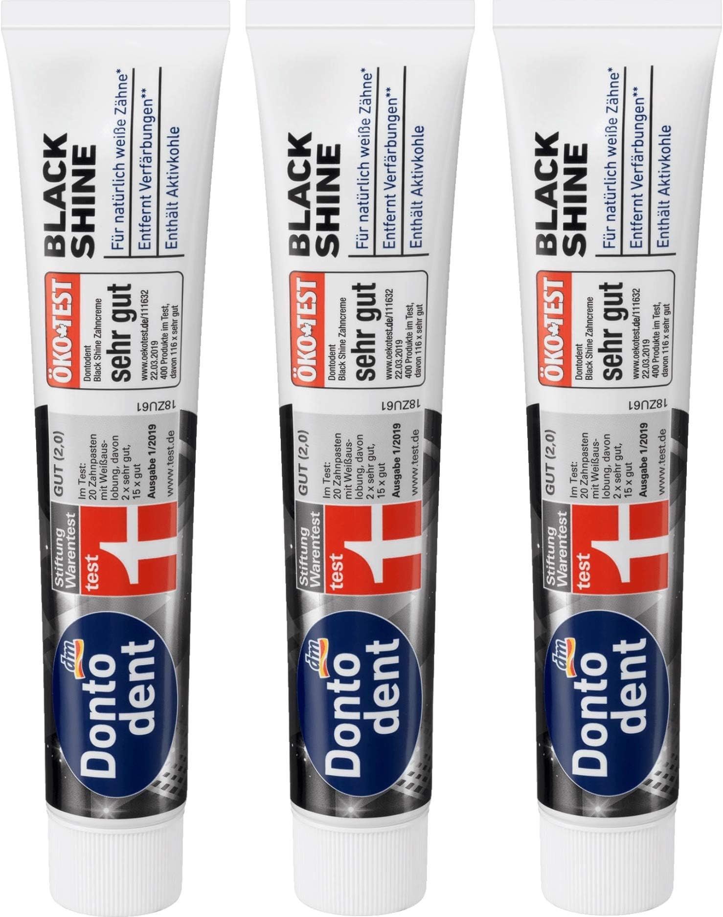 3x75 ml DONTODENT Toothpaste Black Shine with Activated Carbon - Dental Care for Naturally White Teeth | Germany