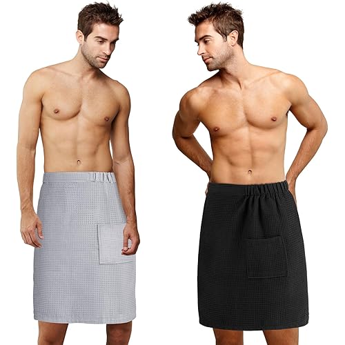 Newwiee 2 Pcs Men's Bath Towel Wrap Shower Sauna Wrap 59 x 24 Inches Waffle Adjustable Microfiber Quick Absorbent Spa Body Towel for Men Dorm Room Gym, Gift for Birthday Christmas(Black, Gray)