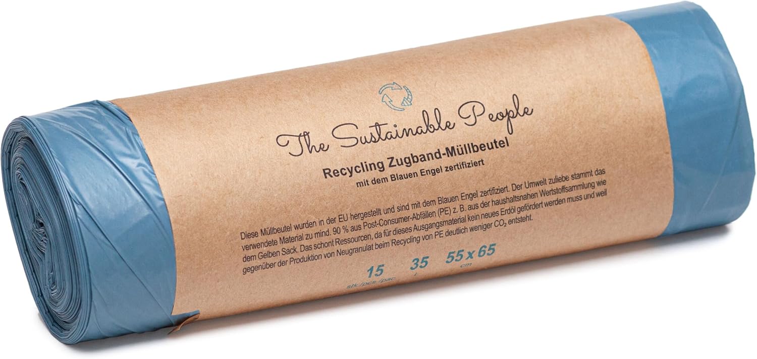 The Sustainable People Recycling Waste Bags with 35L String – Made with at least 90% Post Consumer Material (PE) – for Residual Waste and Recyclable Materials (15 Pieces)