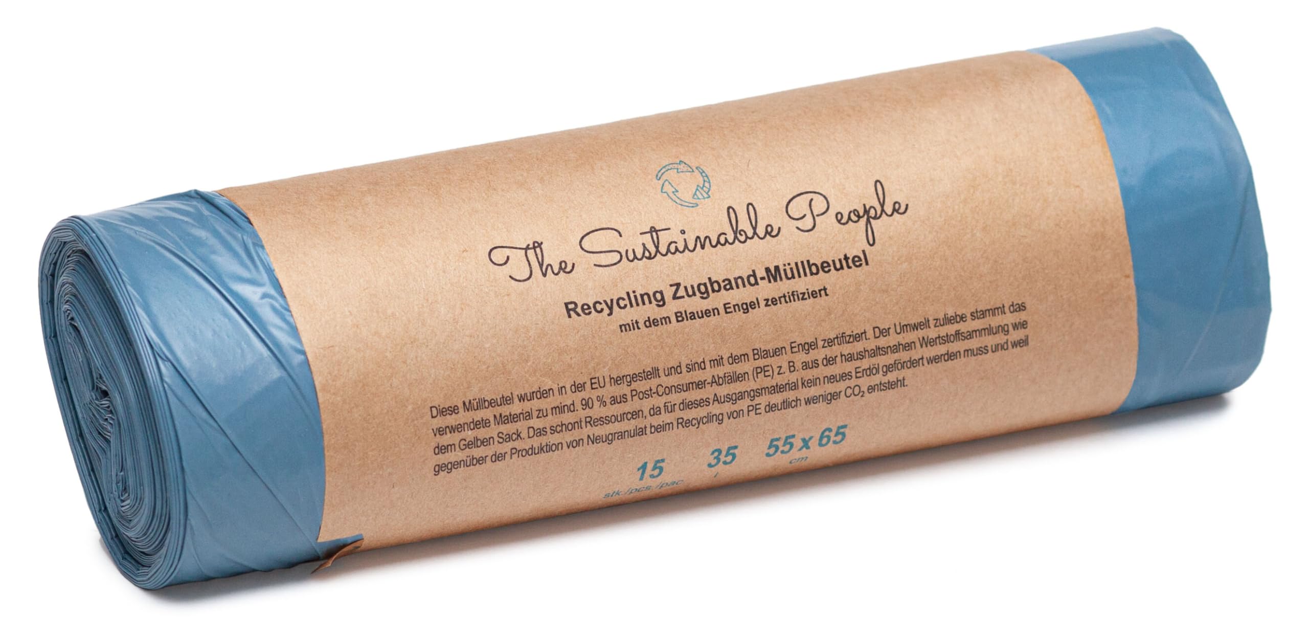 TSP Recycling Zugband Müllbeutel 35L - zu mind. 90% aus Post-Consumer-Abfällen (PE) - Blauer Engel zertifiziert - sicher & reißfest - für den Restmüll und die Wertstoffsammlung (35 Liter (15 Stück))