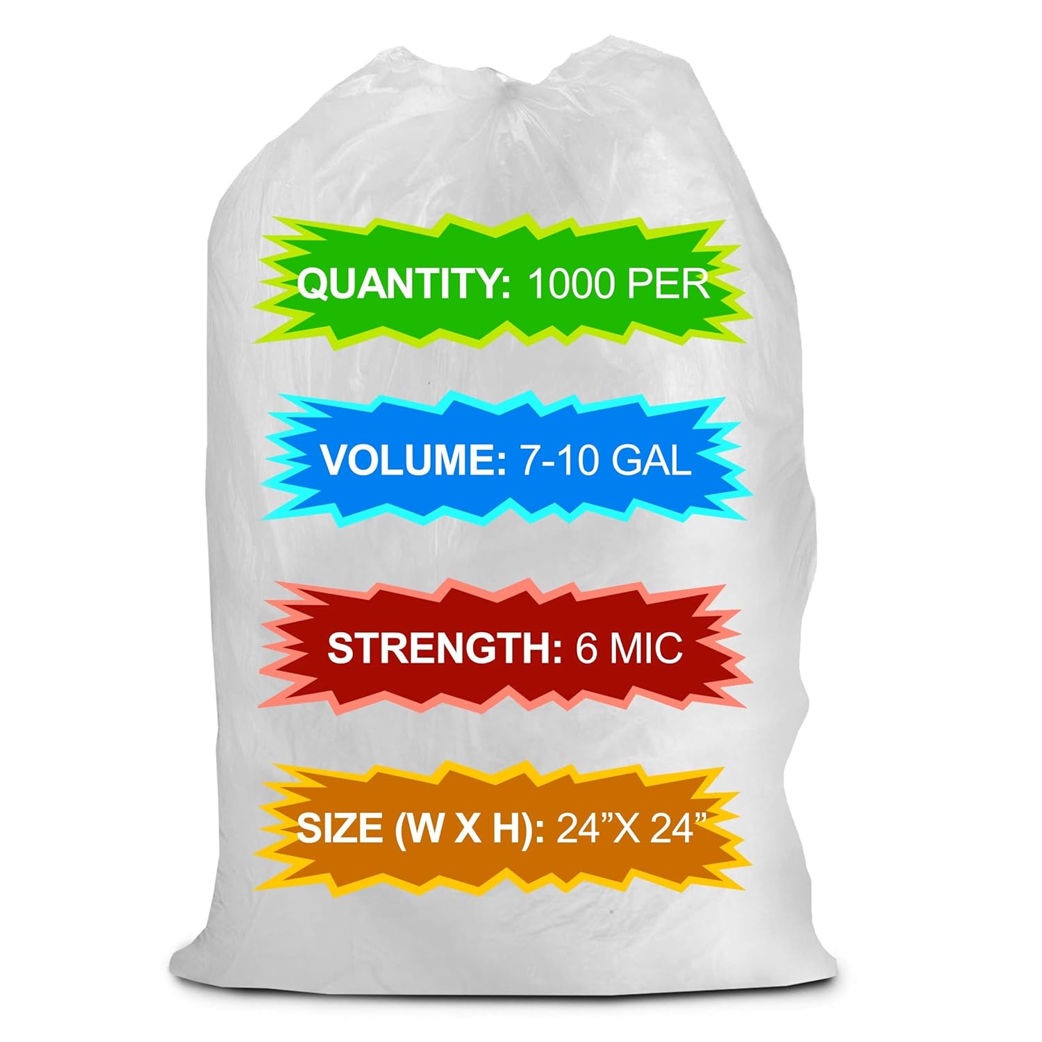 Small 24” X 24” Clear Trash/Wastebasket Liner, 7-10 Gal Garbage Bags, 6 Micron 0.24 Mil Thick for Homes/Offices/Bathrooms/Hospitals/Hotels/Gyms, Indoor/Outdoor Use 1000 Per, Rolls