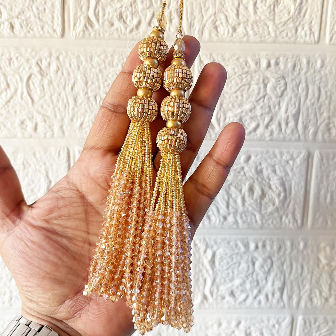 Adikala Craft Store Handmade Ethnic Cutdana Latkan Tassel Set of 2 for Saree Pallu, Blouse, Suits, Dupatta, Lehenga Decor, DIY Art & Crafts (Golden D3)