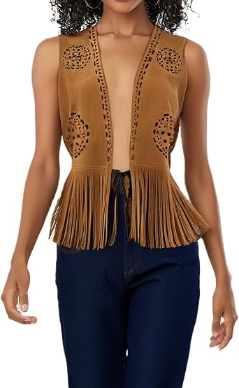 Womens Y2K Fringe Vest 70s Hippie Costumes Sleeveless Faux Suede Rivets Tassel Jacket Tops Cowgirl Western Outfits