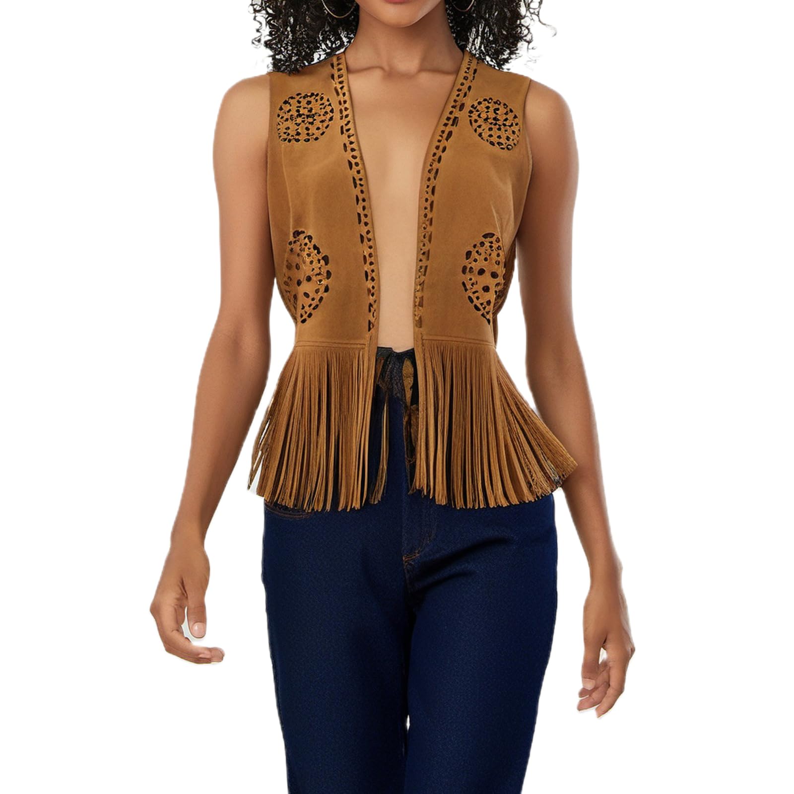 Y2K Women's Fringe Vest Hippie Costume Faux Suede Studded Tassel Sleeveless Cowgirl Western Costume Jacket Outerwear-picture-52