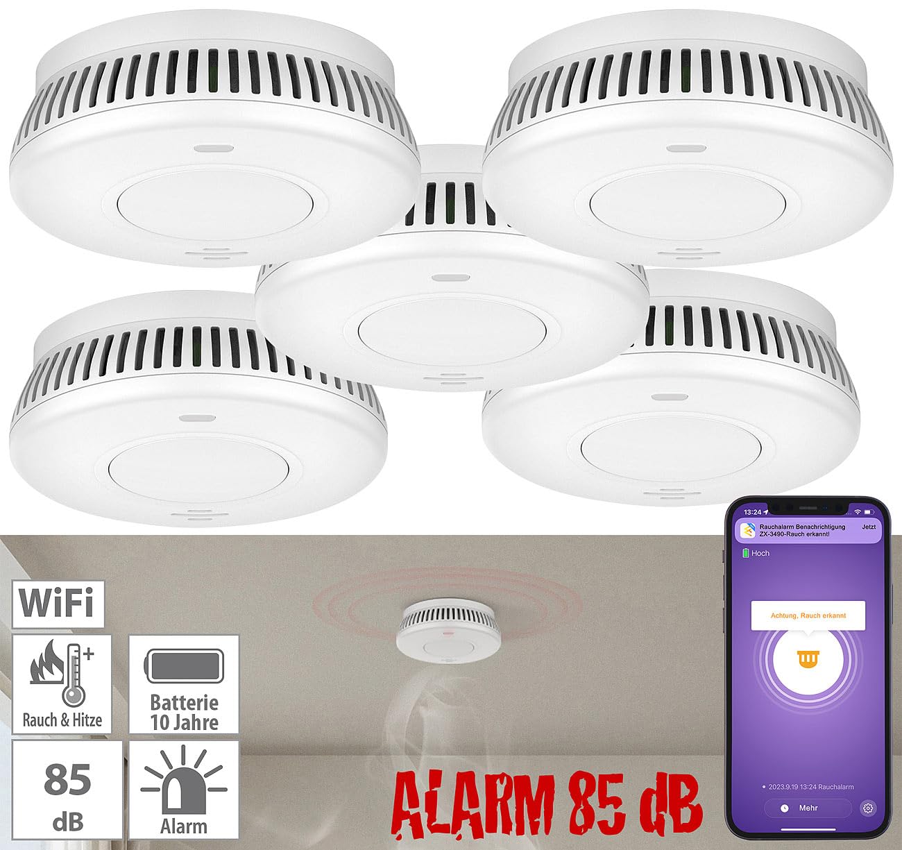 VisorTech rilevatore fumo tuya: set da 5 Rilevatore di fumo WLAN, batteria integrata di 10 anni, 85 dB (set, allarmi antincendio, radio)