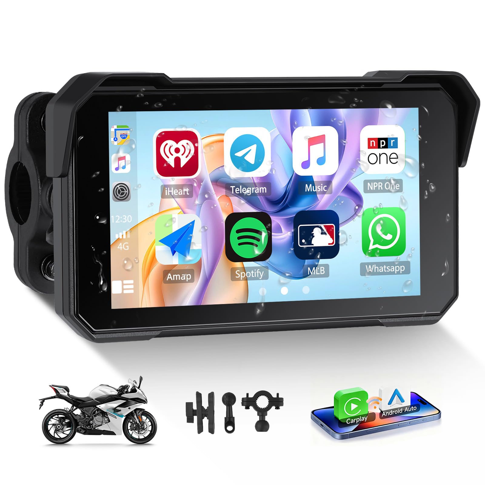 UNITOPSCI GPS Carplay 5" IPS CarPlay Screen for Motorcycle with Wireless CarPlay & Android Auto, IP68 Waterproof, GPS Navigation, Supports Bluetooth, Siri, Go-Ogle Assistant, Vioce Control, Bracket-image-34