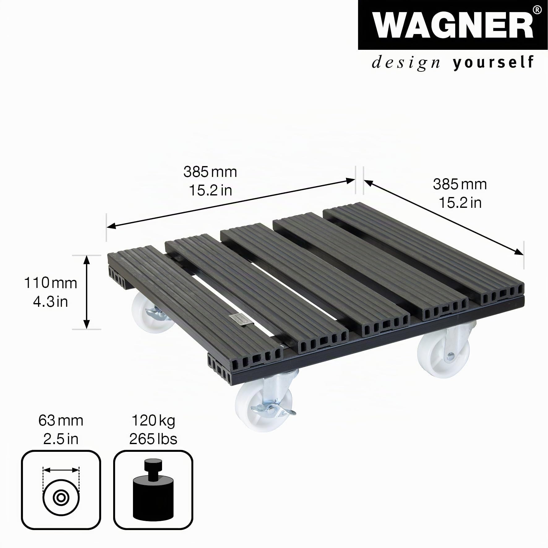 WAGNER Support à roulettes pour Pot de Fleur WPC 38,5 x 38,5 x 11 cm I intérieur + extérieur I Roule Pot en FSC® Composite Bois-Plastique, Anthracite, 2 Freins I Capacité de Charge 120 kg - 20054001