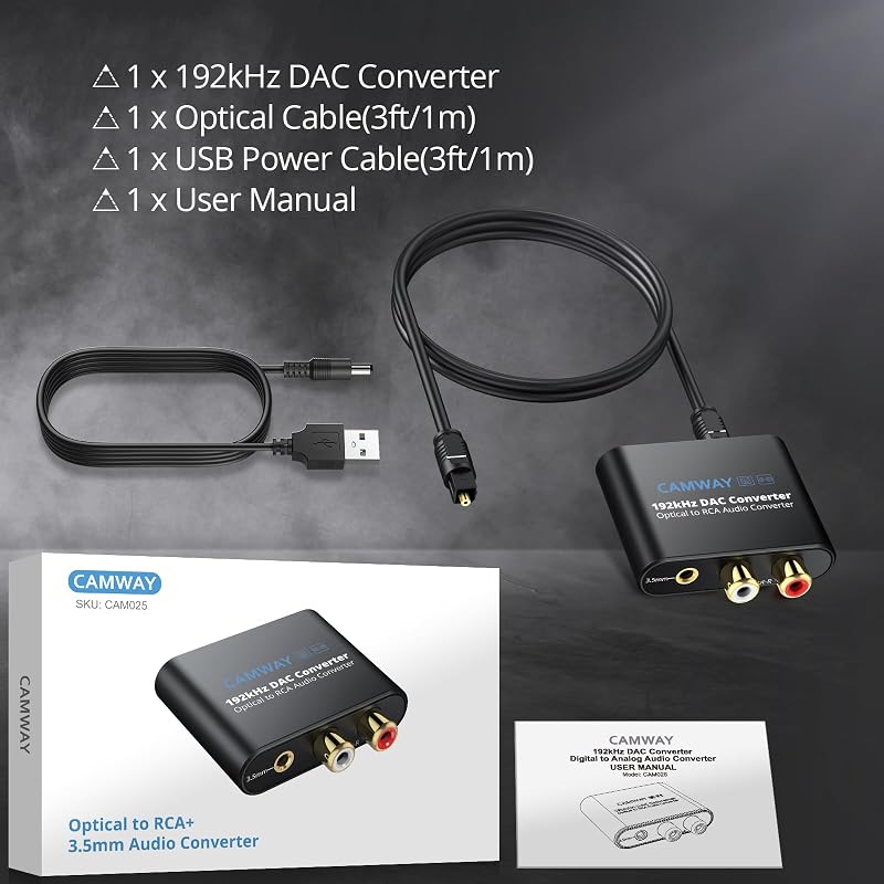 CAMWAY 192kHz digitális-analóg átalakító SPDIF/Toslink RCA 3.5mm erősítővel
