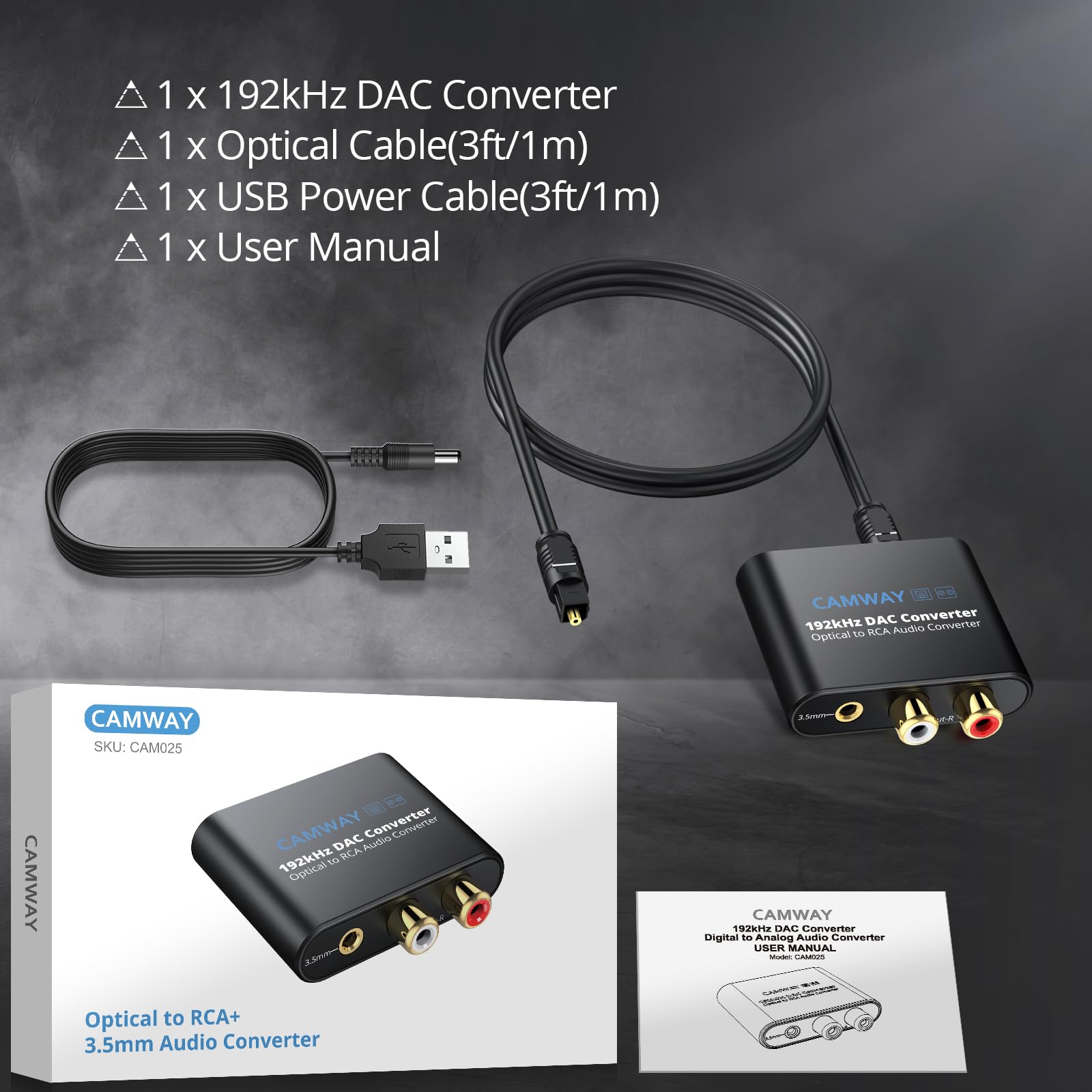 Przetwornik DAC, CAMWAY 192 kHz DAC cyfrowy na analogowy, konwerter audio, SPDIF optyczny Toslink do analogowego RCA Audio 3,5 mm adapter z kablem optycznym 1 m, konwerter DAC do TV, DVD, Blu-ray Xbox