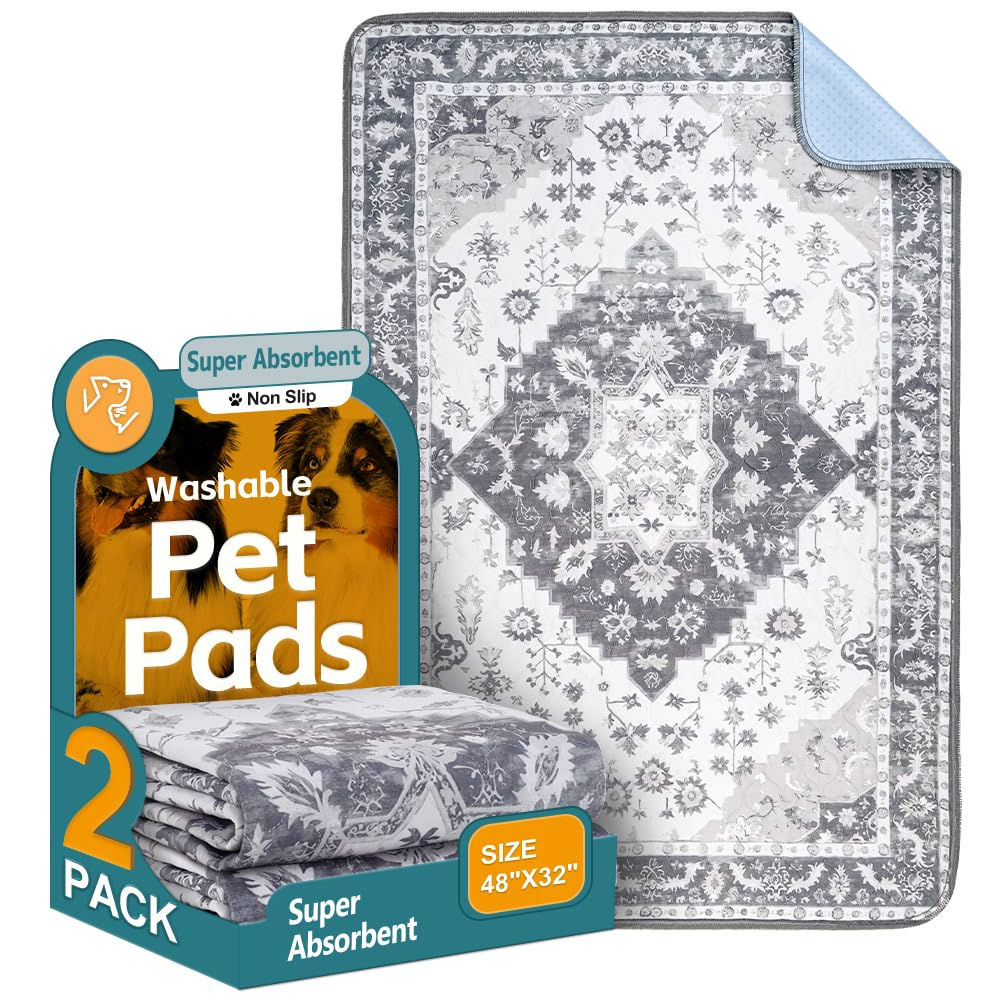 Washable Pee Pads for Dogs 2 Pack Reusable Puppy Training Pads 48"x32" Super Absorbent Waterproof Dog Training Pads, Non-Slip Potty Pads Whelping Pads Litter Mat Pet Supplies - Grey Medallion