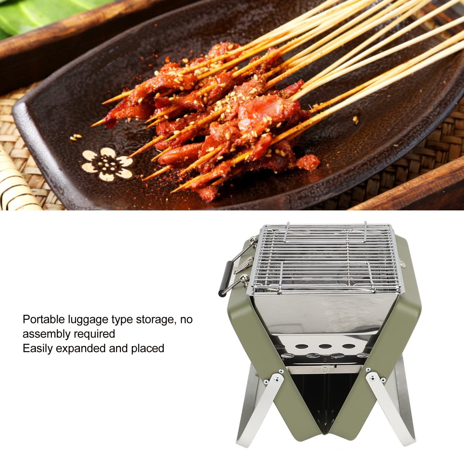 Griglia per barbecue portatile a carbone, pieghevole, compatta, leggera, in acciaio inox, per cucinare all'aperto, per campeggio, picnic, cortile, polvere di ferro, acciaio (Verde)