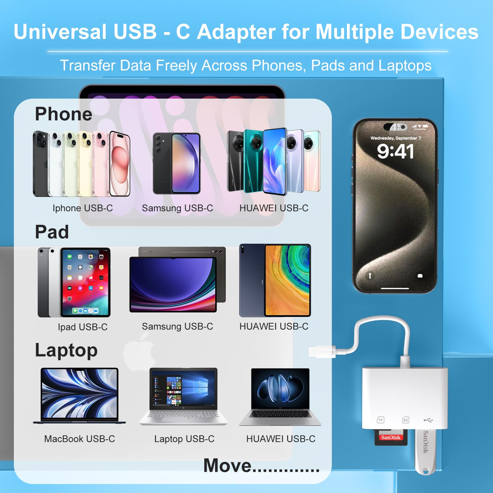 Lector de tarjetas de memoria USB C a Micro SD TF, adaptador de lector de tarjetas de cámara USB 3 en 1, compatible con iPhone 15, iPad Pro, MacBook Pro/Air, Chromebook XPS, Galaxy S10/S9 y