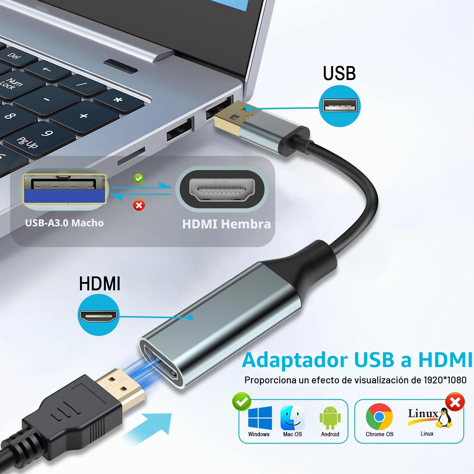 Adaptador USB a HDMI para monitor, convertidor HDMI 1080P, cable de salida para computadora, laptop, escritorio con múltiples ventanas 11/10/8.1/8/7, Mac (USB a HDMI gris)