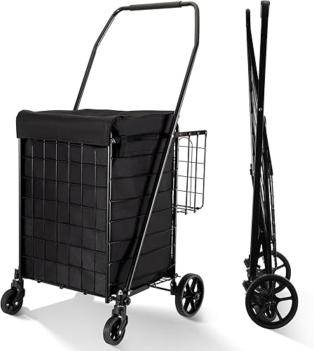 BIEAMA Carrito de compras plegable con forro impermeable, carrito de comestibles bolsa grande con cubierta superior, capacidad de 200 libras,