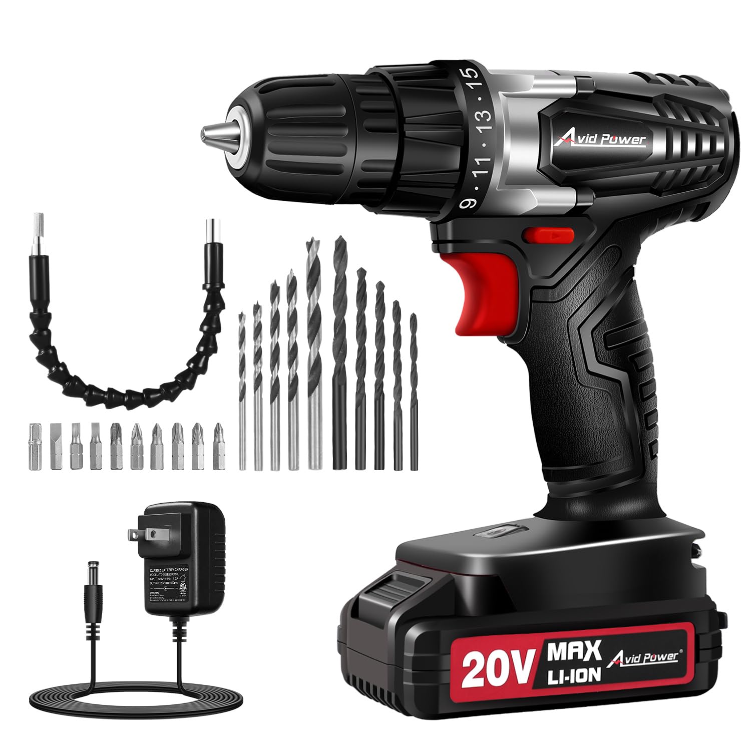 AVID POWER 20V MAX Lithium lon Cordless Drill, Power Drill Set with 3/8-Inch Keyless Chuck, Variable Speed, 16 Position and 22pcs Bits (Black)