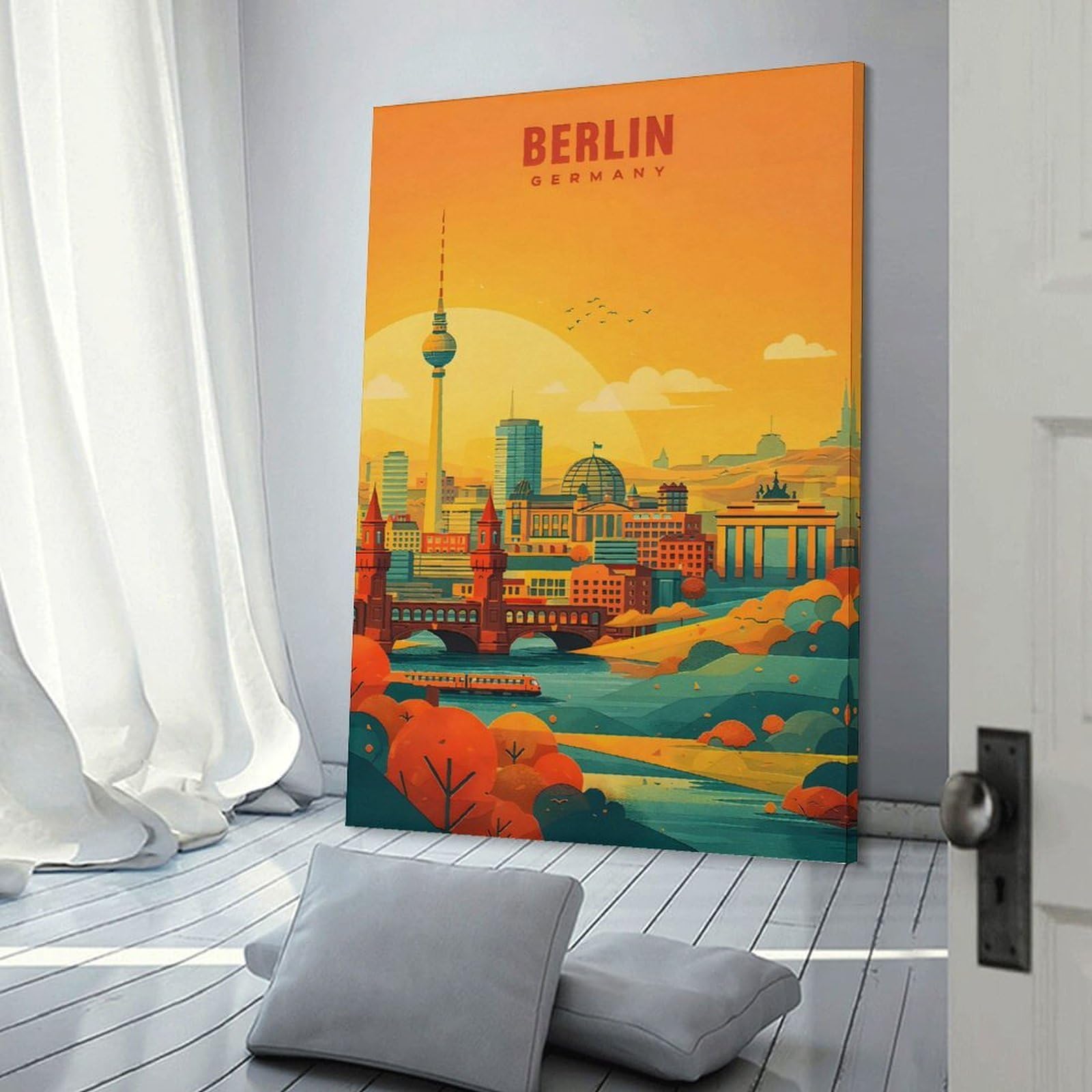 Junmoney Berlin Cityscape with Brandenburg Gate Canvas Wall Picture, 24x36inch(60x90cm), for Entrance Spaces, Stair Walls Or Halls, A Stylish Accent for Home Entrances