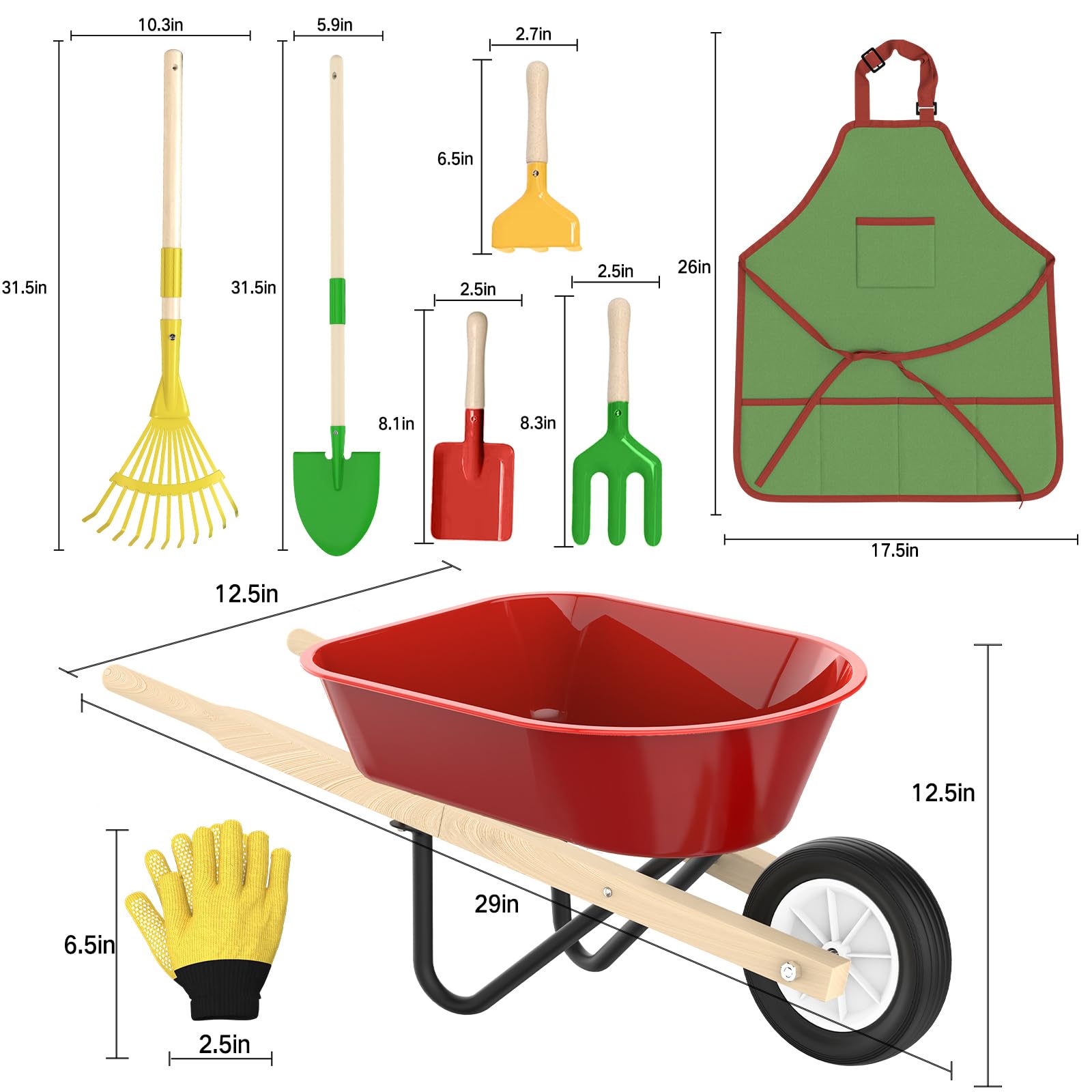 Qtioucp Brouette pour enfants avec outils de jardinage pour garçons et filles de 3 à 8 ans, avec pelle, râteau, râteau à feuilles, cadeaux d'anniversaire de Pâques