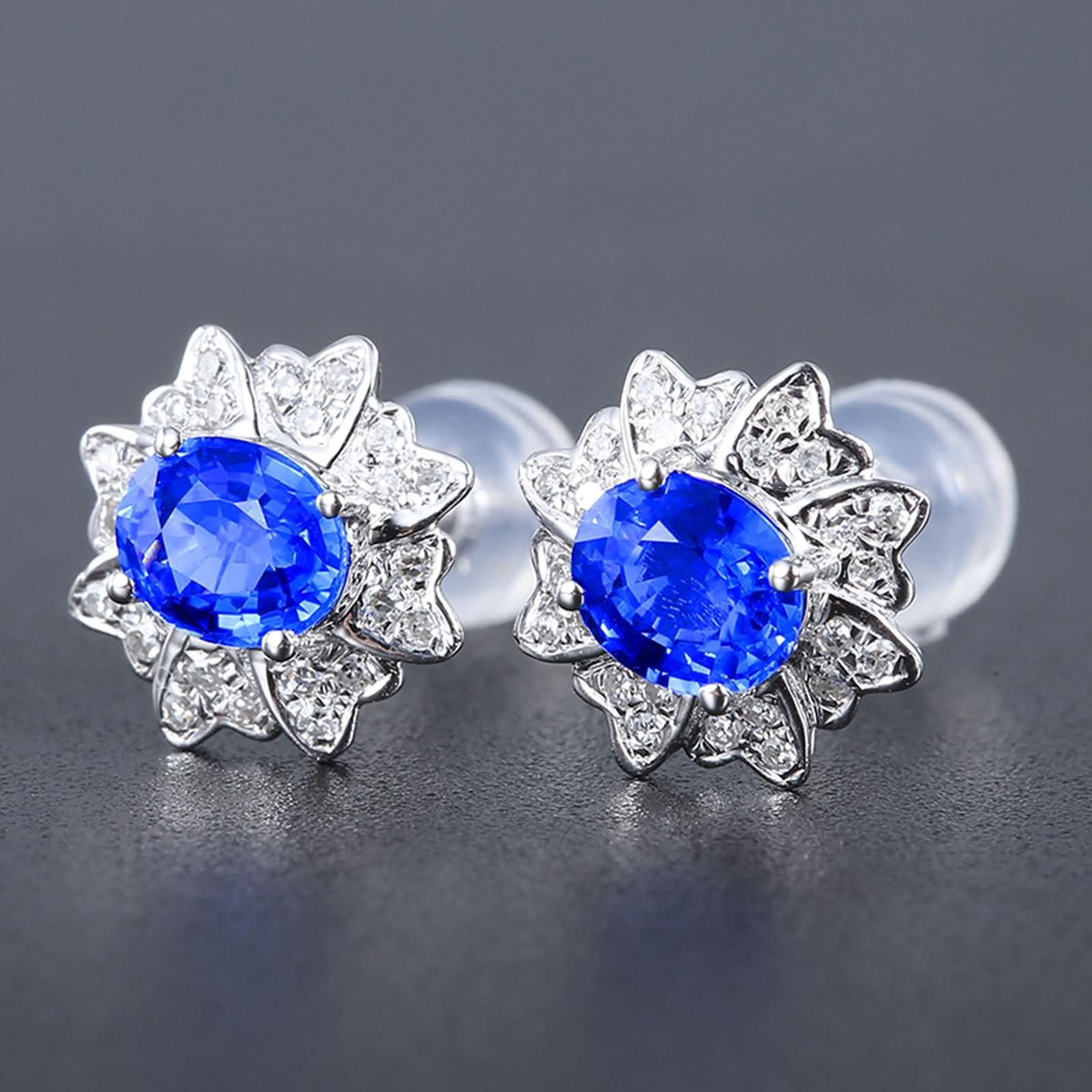 9K / 14K / 18 K Weißgold Ohrringe für Damen, Blume und Oval mit Erstellter Saphir 1,06 Karat und Moissanit, Damen Ohrringe Ohrstecker Blau Silber