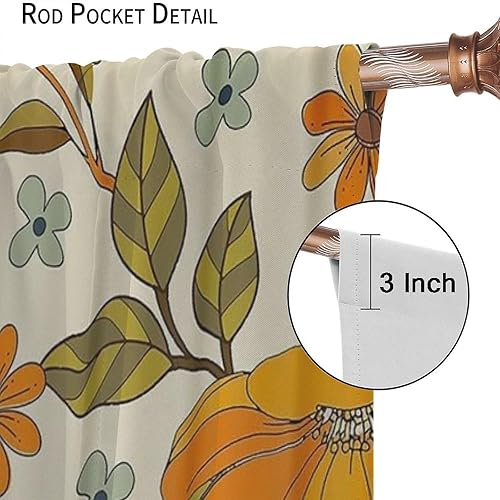 Miniatura 5 de Cortinas florales retro de los años 70 con patrón de margaritas naranjas de mediados de siglo, con bolsillo para barra, cortina para sala de estar y