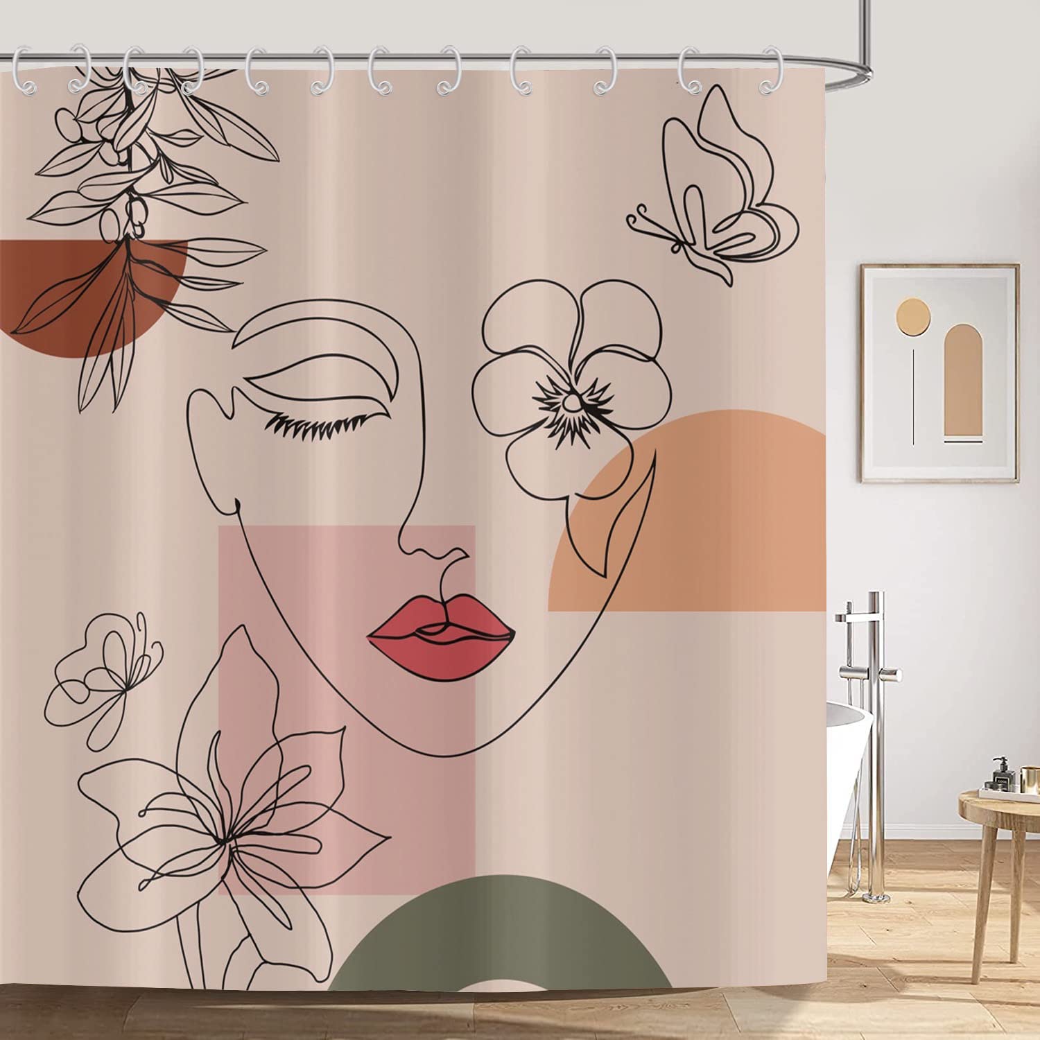 ASDCXZ Boho Shower Curtain 180x220 cm, Modern Abstract Art Girl with Face Flower Leaves Rose Bath Washable Shower Curtains Polyester Textile Waterproof Shower Curtain for Bathtub with 12 Hooks — image 1