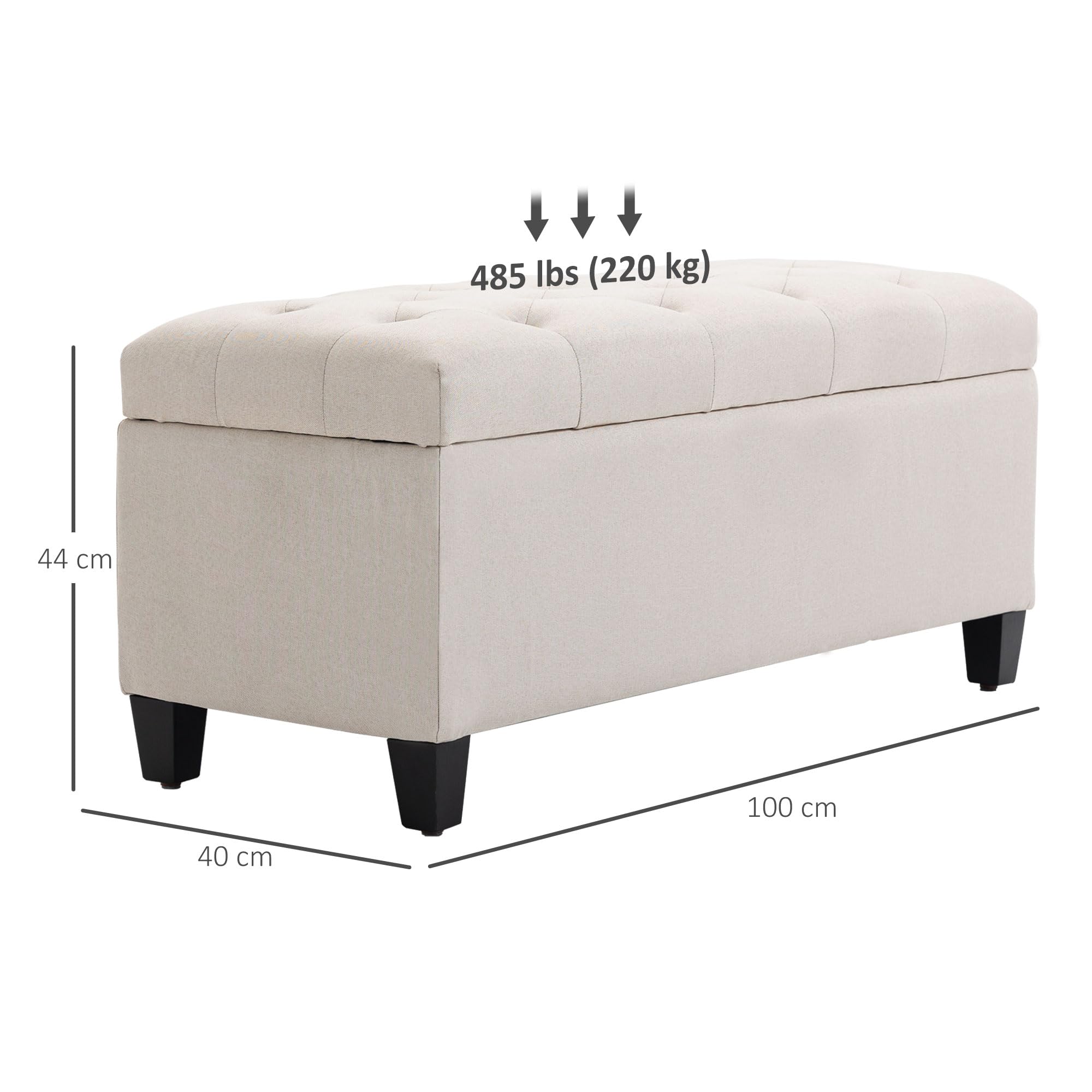 HOMCOM Banc de Rangement Pouf Salon Capitonné 100 x 40 x 44 cm Blanc | Bout de Lit, Coffre de Rangement, Repose-Pieds, pour Salon Chambre Entrée