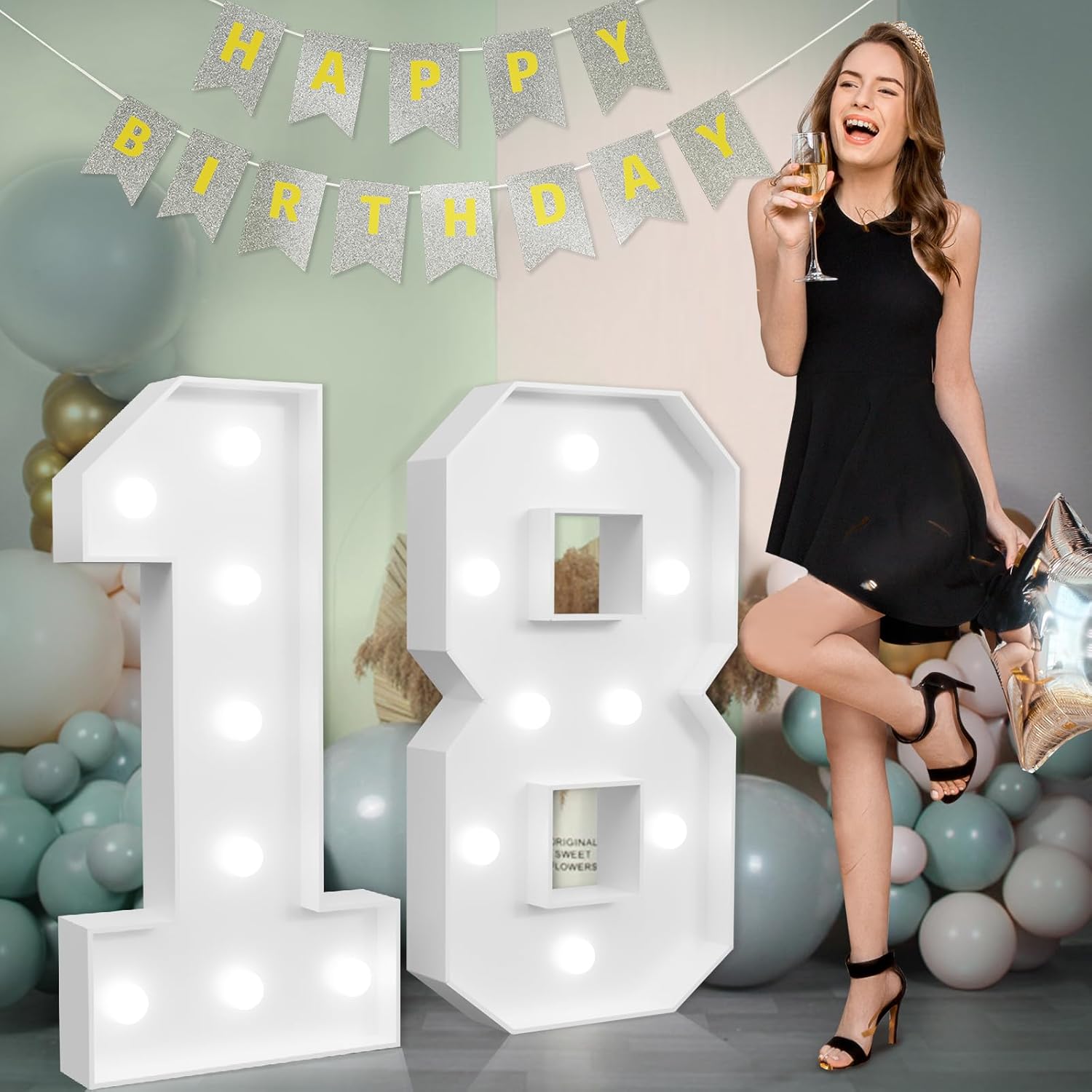 Marquee Numbers Large 18th-Birthday Decorations: 3ft Light Up Number 18 Birthday Decoration for Boy Girl 18 Year Old Teen Birthday Party Decor Backdrop Anniversary Cardboard Big Mosaic Number 18 White Number 18