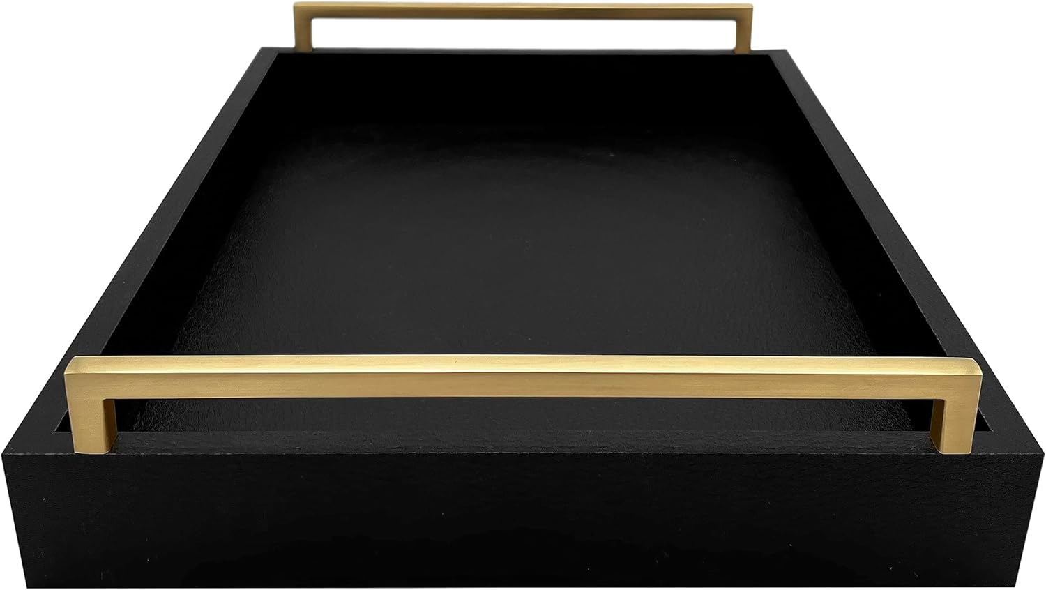 Decorative Coffee Table Tray - Shagreen Faux Leather - Ottoman Tray - Breakfast, Drinks, Liquor Serving Tray - Farmhouse to Modern - Brushed Champagne Gold Handles (Pitch Black) - Image 2
