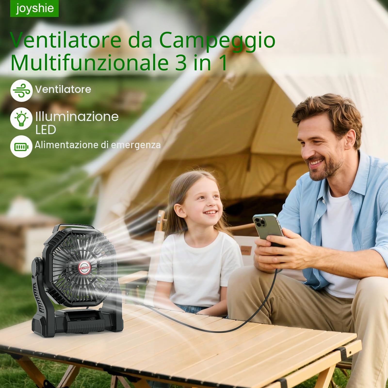 Ventilatore da campeggio Ventilatore da tavolo, batteria ricaricabile 10.000 mAh, ventilatore USB portatile con luce LED e gancio, 4 velocità, 3 modalità di luce LED, per casa, campeggio