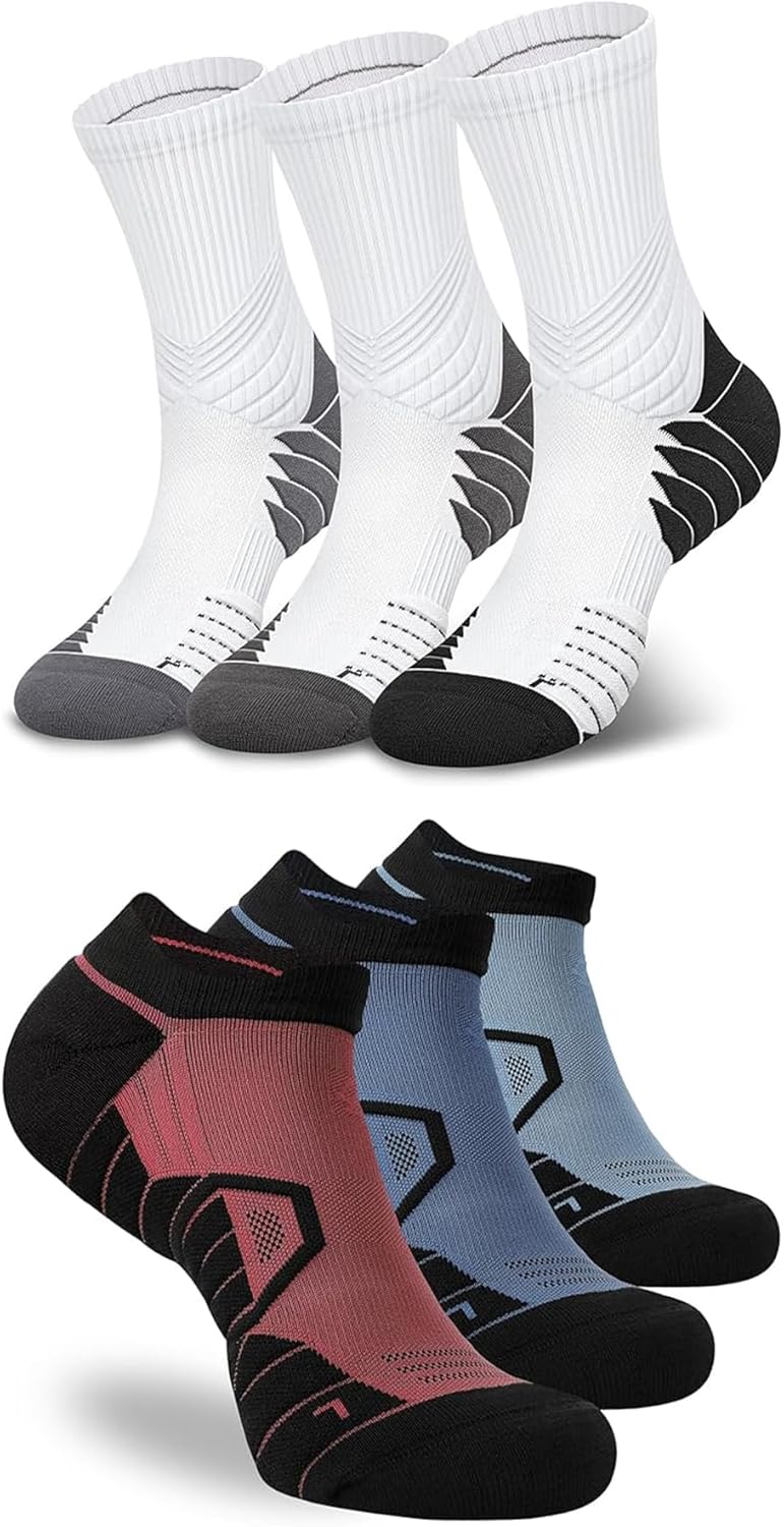 Hylaea 6 Pairs Running Socks for Men, Coolmax Anti-Blister Cushion Socks for Athletic, Padded Moisture Wicking & Seamless Size L Grey & Red Blue Green
