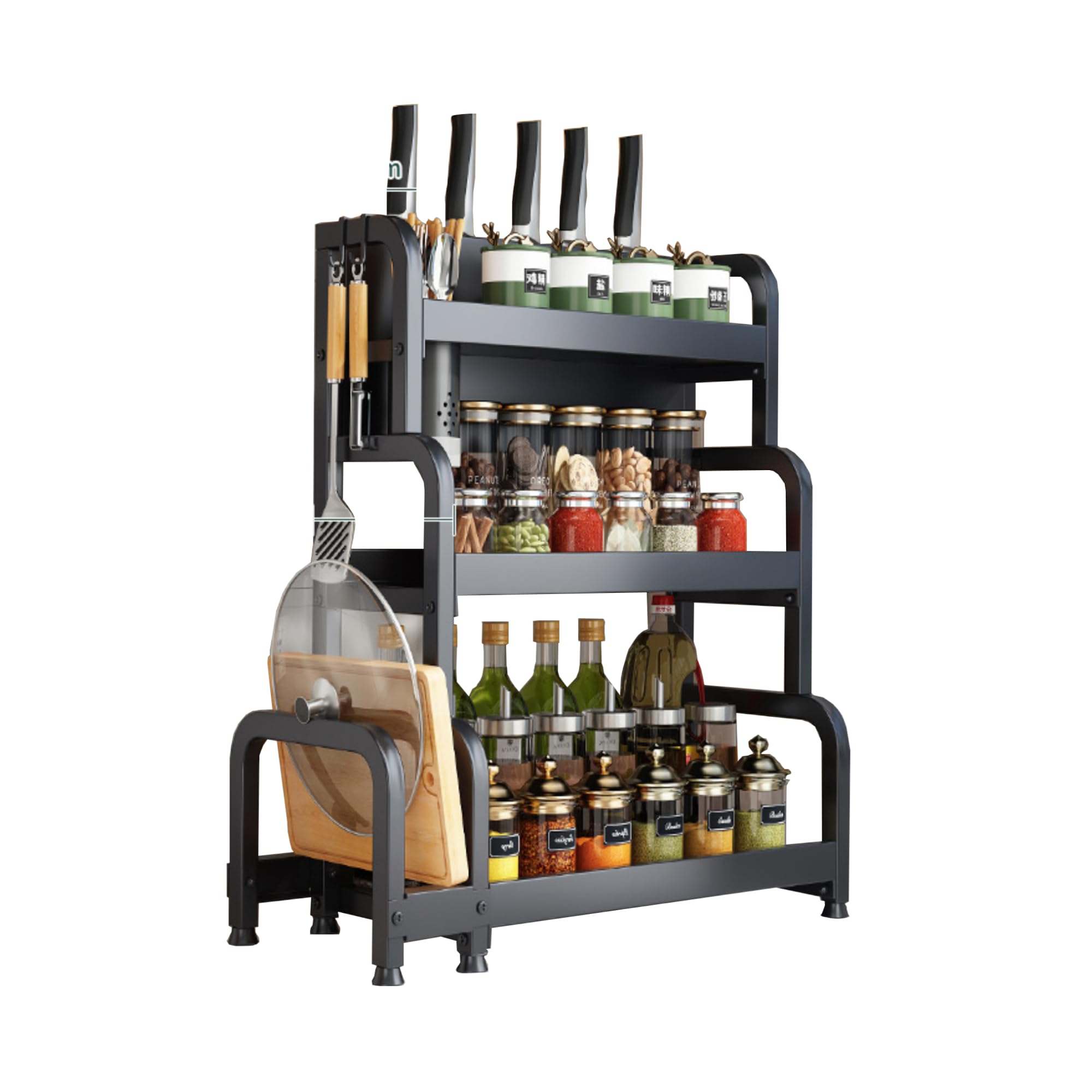 Magic Select 40Cm 𝗞𝗶𝘁𝗰𝗵𝗲𝗻 𝗦𝗵𝗲𝗹𝗳, 3-Tier Kitchen Spice Rack, Condiment Rack For Storage Of Jars, Herbs And Tableware For The Pantry, Carbon Steel.