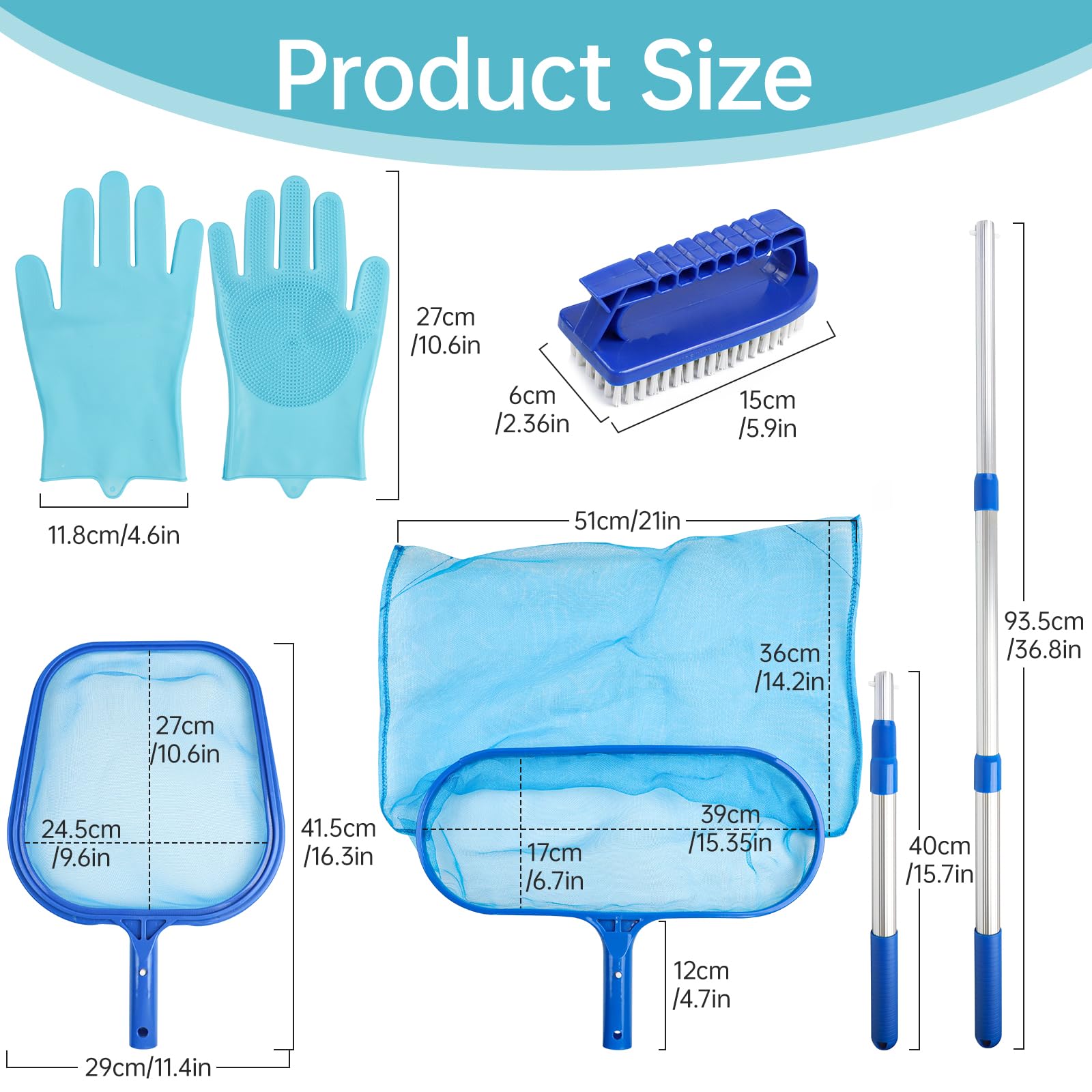 Epuisette Piscine, Epuisette de Fond Piscine avec 40-93cm Manche Telescopique, Filet de Fond Piscine, Épuisette Profonde, Kit de Piscine Nettoyage 5PCS, Nettoyager Outil de Étang, Épuisette à Feuilles