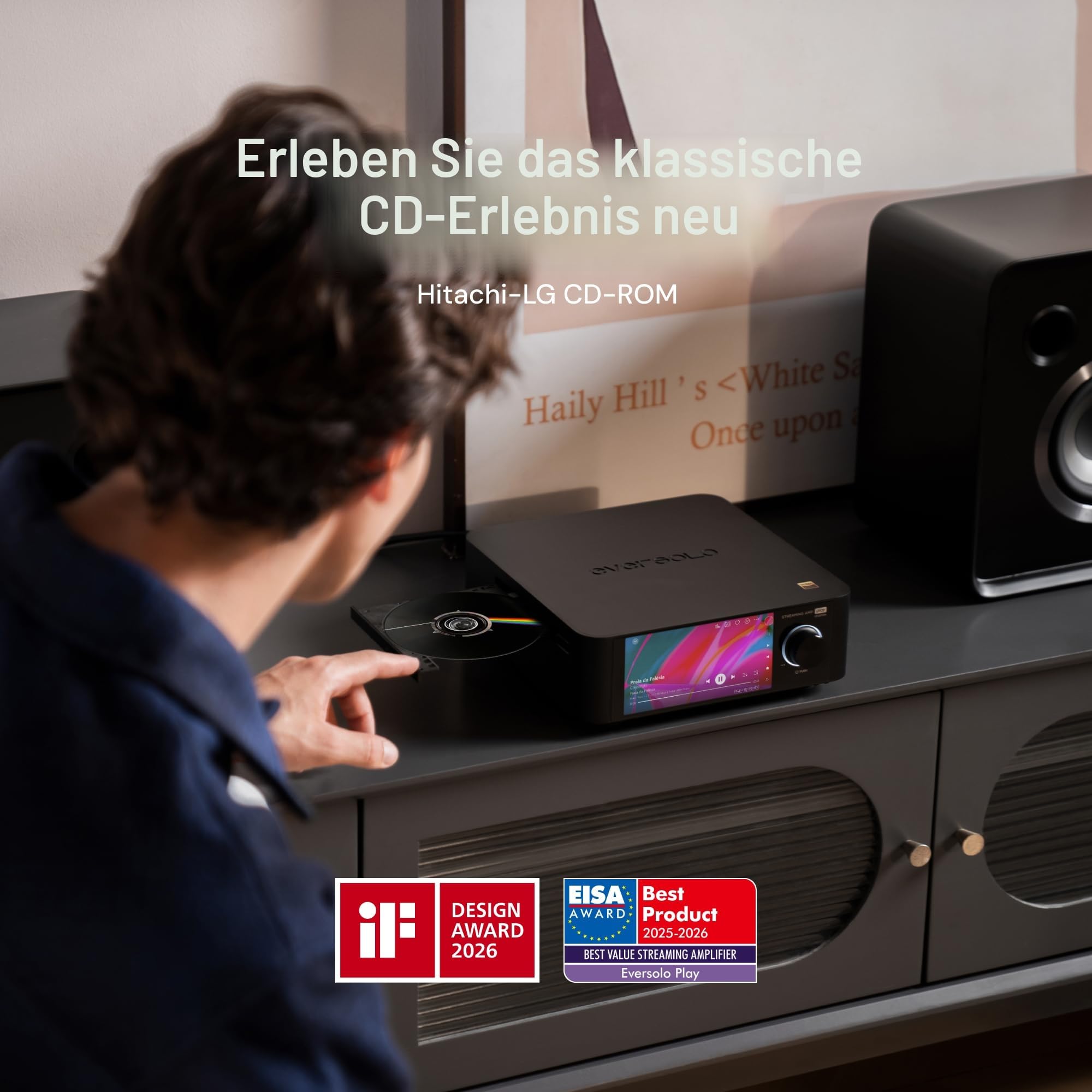 EVERSOLO Play All-in-One Musik-Streamer mit Verstärker | 5,5-Zoll-Touchscreen, unterstützt Multi Room & Room Correction, Stream Tidal, Qobuz, Amazon Music & More | Schwarz (CD Edition)