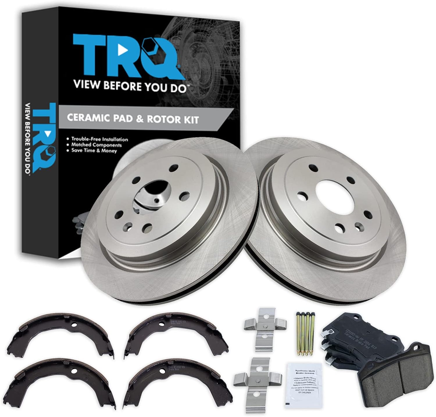 TRQ Rear Brake Pad & Rotor Kit Brake Pads Brake Rotor Parking Brake Shoe Set Ceramic Compatible with 2009-2014 Cadillac CTS
