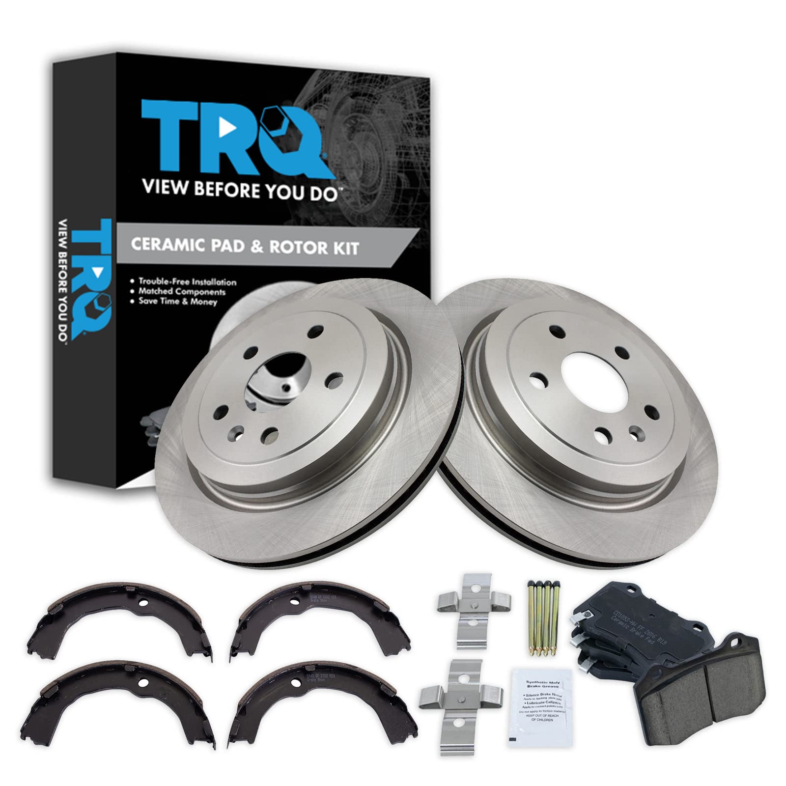 TRQ Rear Brake Pad and Rotor Set Ceramic Parking Shoe Compatible with 2009-2014 Cadillac CTS