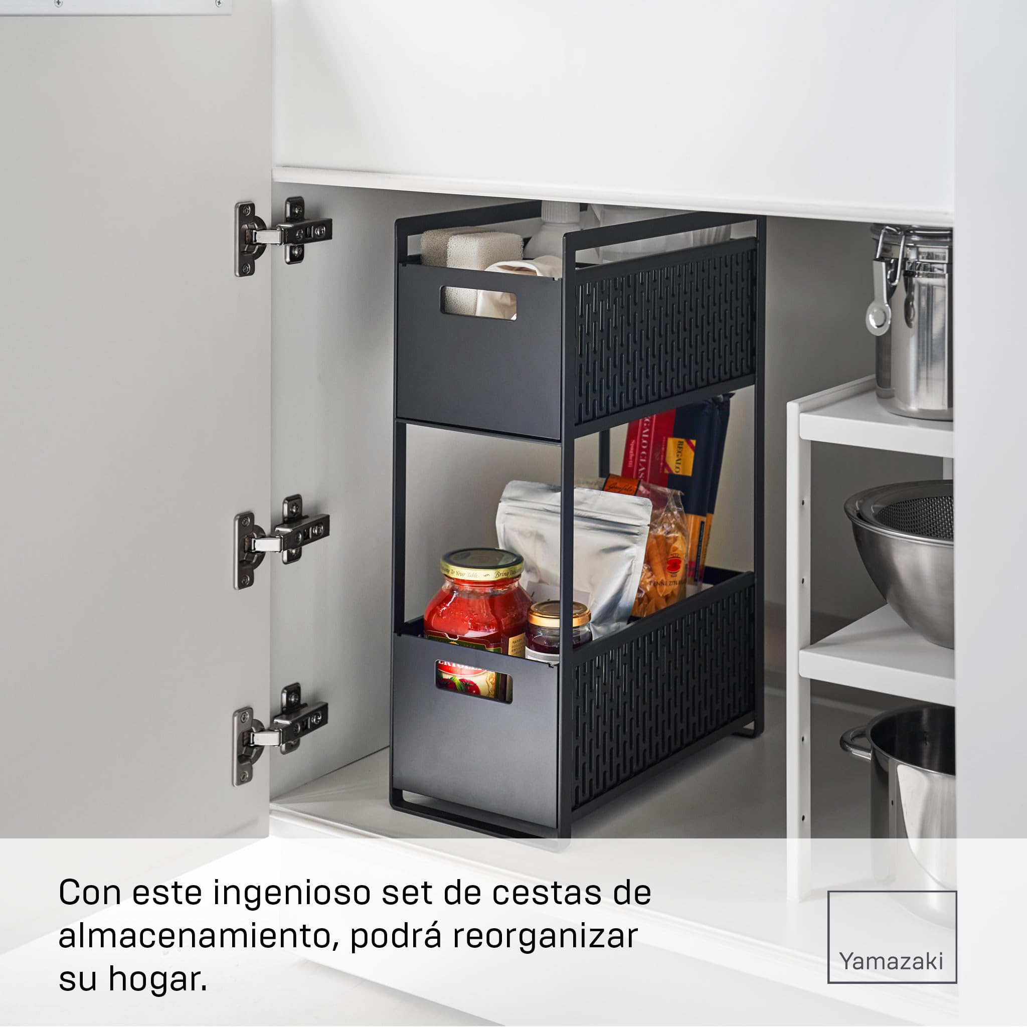 YAMAZAKI 5219 TOWER 2~Tiered Storage Basket Set, black, ABS Resin / Steel / Silicone, 16 x 32.5 x 46 cm