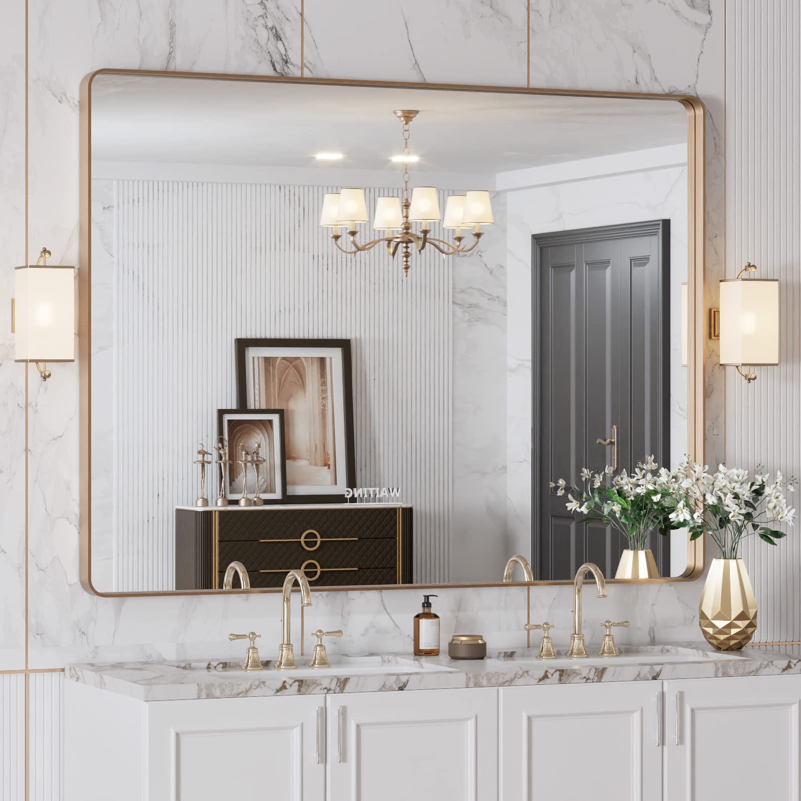 LOAAO 48”X36” Gold Bathroom Mirror, Rounded Rectangle Gold Frame Mirror, Brushed Gold Bathroom Vanity Mirror Wall-Mounted, Anti-Rust, Tempered Glass, Hangs Horizontally or Vertically - 4