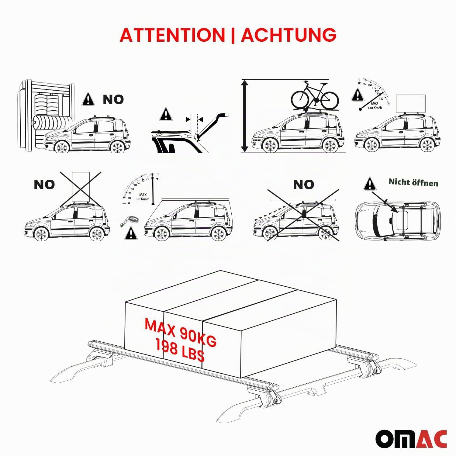 OMAC Dachträger Aluminium TÜV geprüft für Citroen Berlingo 2008-2018 – Für Standard Dachreling – T Nut – Max 90 kg – 2 Schlösser Schwarz