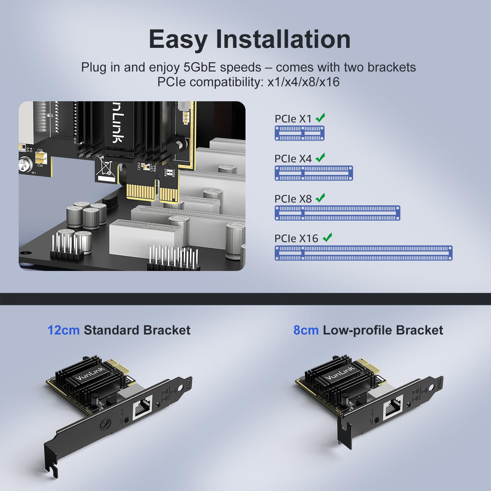 Scheda di rete PCIe 5G, adattatore Ethernet VunLink 5 Gbps, Realtek RTL8126, multi-velocità 1G/2.5G/5G, Wake-on-LAN, per Windows 10/11, Windows Server e Linux