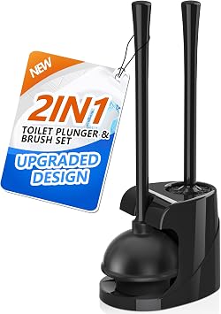 Toilet Plunger and Brush, Bowl Brush and Heavy Duty Toilet Plunger Set with Ventilated Holder, 2-in-1 Bathroom Cleaning Combo with Modern Caddy Stand Black
