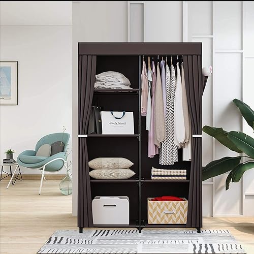 Miniatura 3 de Organizador de ropa portátil de 36 pulgadas con estantes de metal y tela no tejida a prueba de polvo (café)