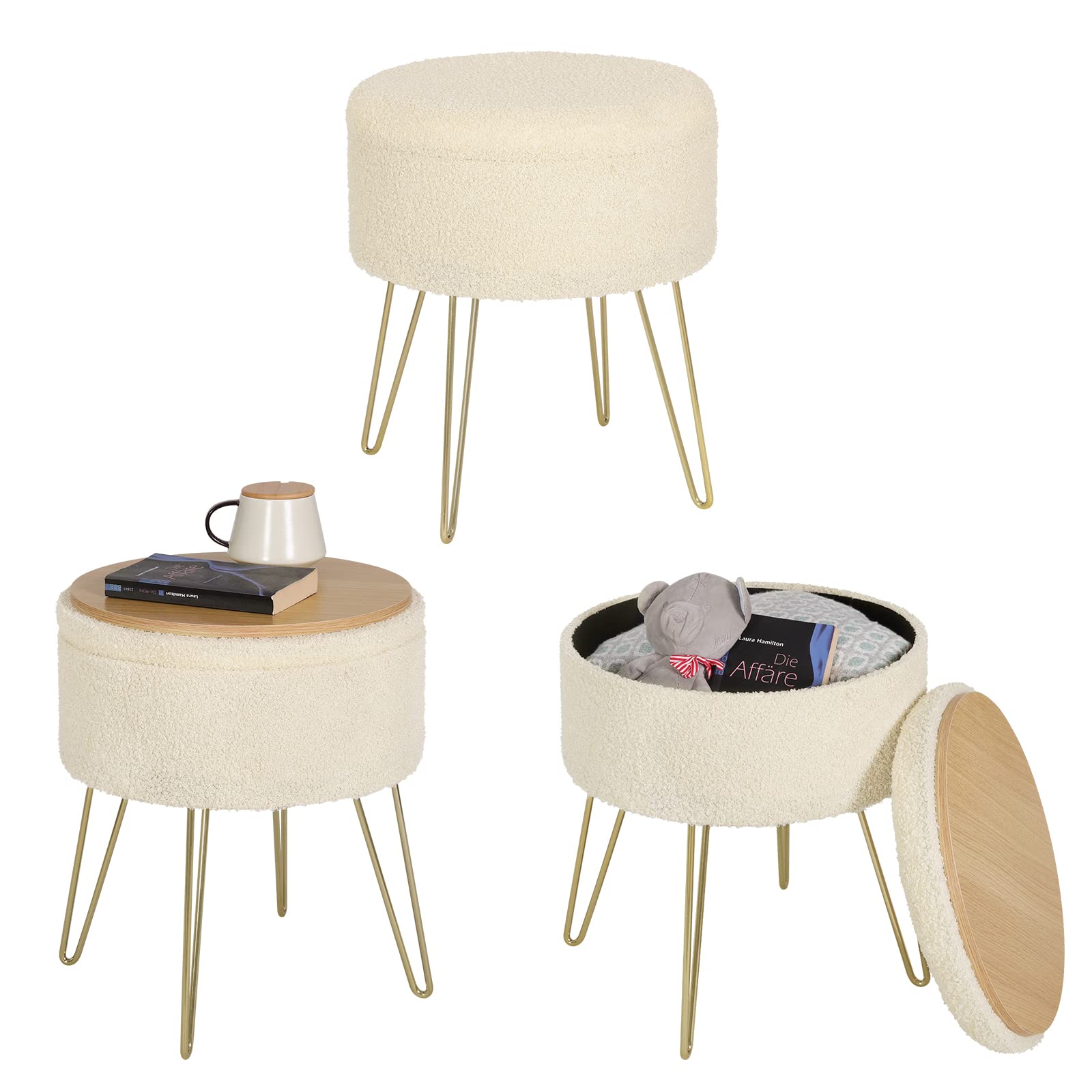 WOLTU Sgabello Contenitore Rotondo, Sgabello per Toeletta Trucco con Coperchio Rimovibile, Pouf Portaoggetti in Tessuto di Pile con Gambe in Metallo, Ø39 x 44 cm, Beige