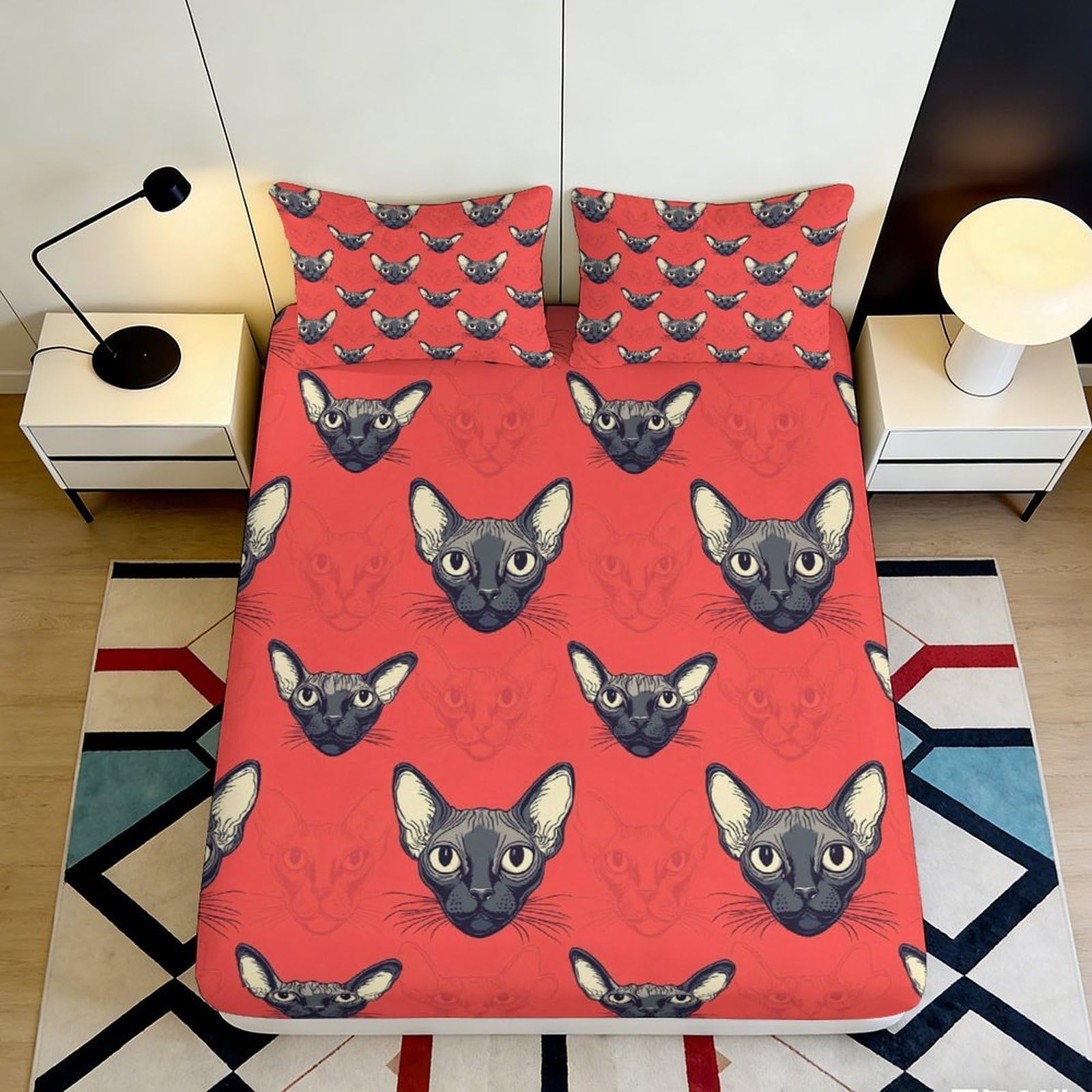 3D Printed Red Cat Face Fitted Sheet Microfiber Soft Breathable Sphynx Pattern Bed Cover for Bedroom Dormitory Guest Room Mattress Protection 180x200x25cm