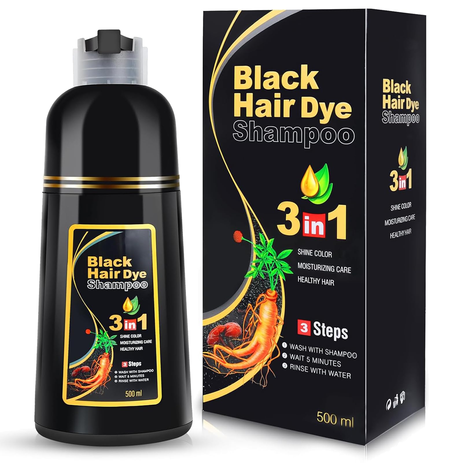 - Black Hair Dye Shampoo 3 in 1 for Gray Hair, Herbal Ingredients Shampoo Black Hair Dye for Women Men, Grey Coverage Shampoo 500ml