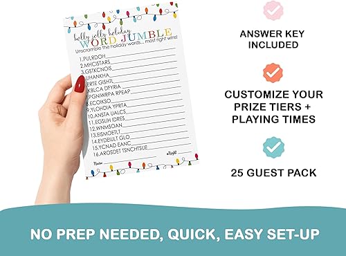 Miniatura 3 de Festive Lights - Juegos de palabras navideñas para adultos, grupos grandes, fiestas de vacaciones, paquete de 25, tarjetas coloridas de 5 x 7