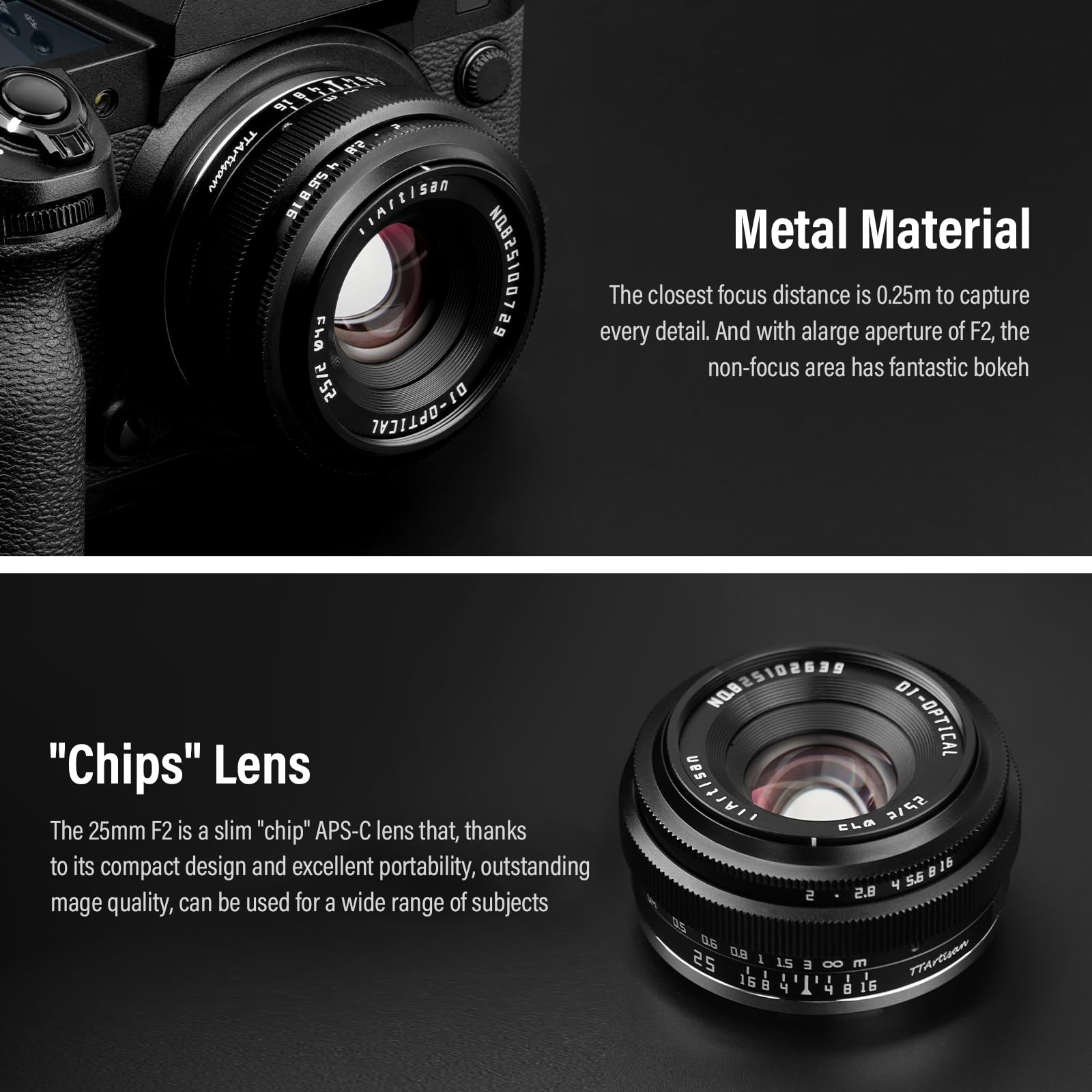 TTARTISAN 25mm F2 Objectif Camera Lens pour Monture Fuji X APS-C Objectif Pancake Métallique Portable Manuel pour Monture Fujifilm XF X-T5 X-H2S X-S20 X-T30 II X-E4 X-S10 X-H2 X-H1
