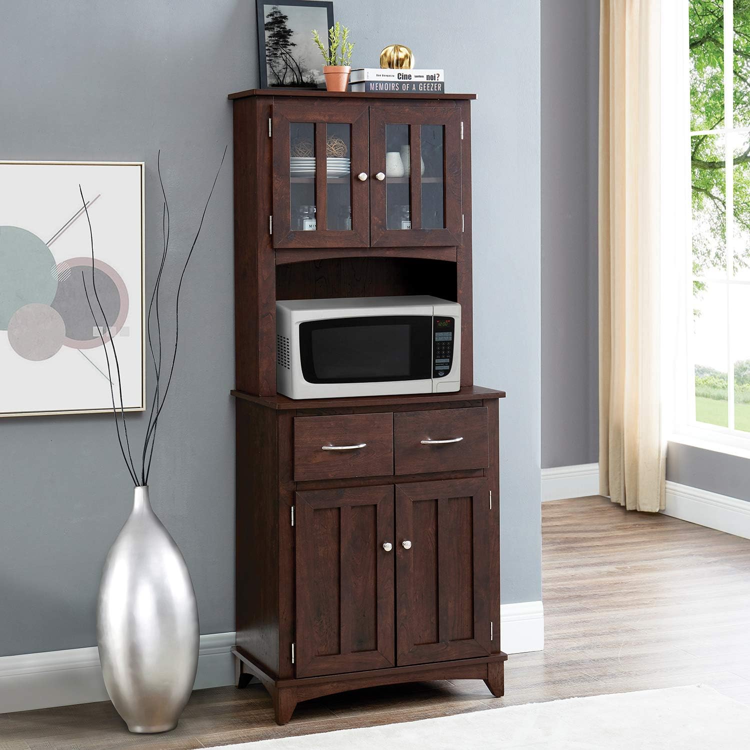 Home SourceEspresso Microwave Stand with Top and Bottom Cabinets