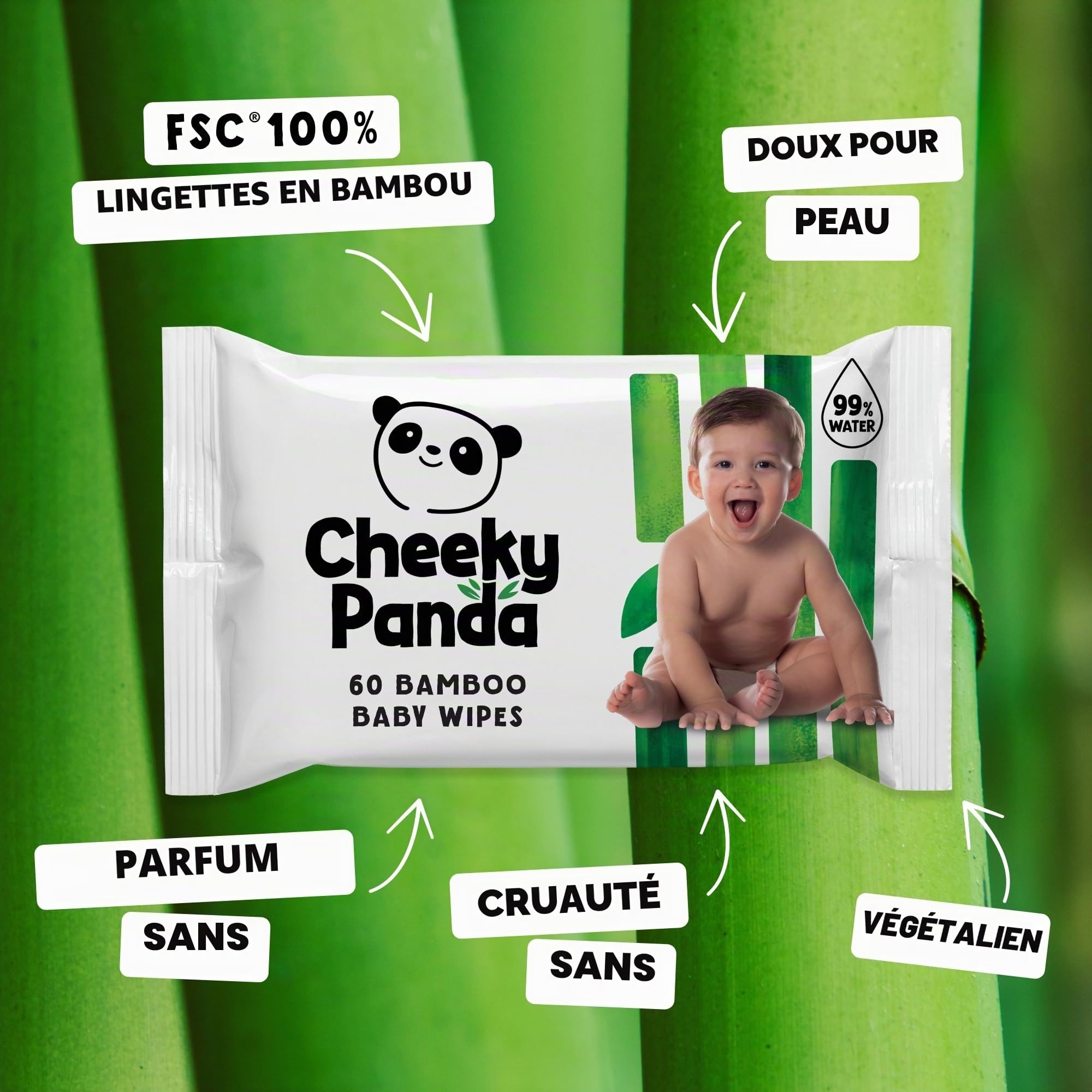 The Cheeky Panda Lot Lingettes Bébé – 720 Lingettes (60 Lingettes x 12 Paquet) | 99% d'eau pure | Sans Parfum