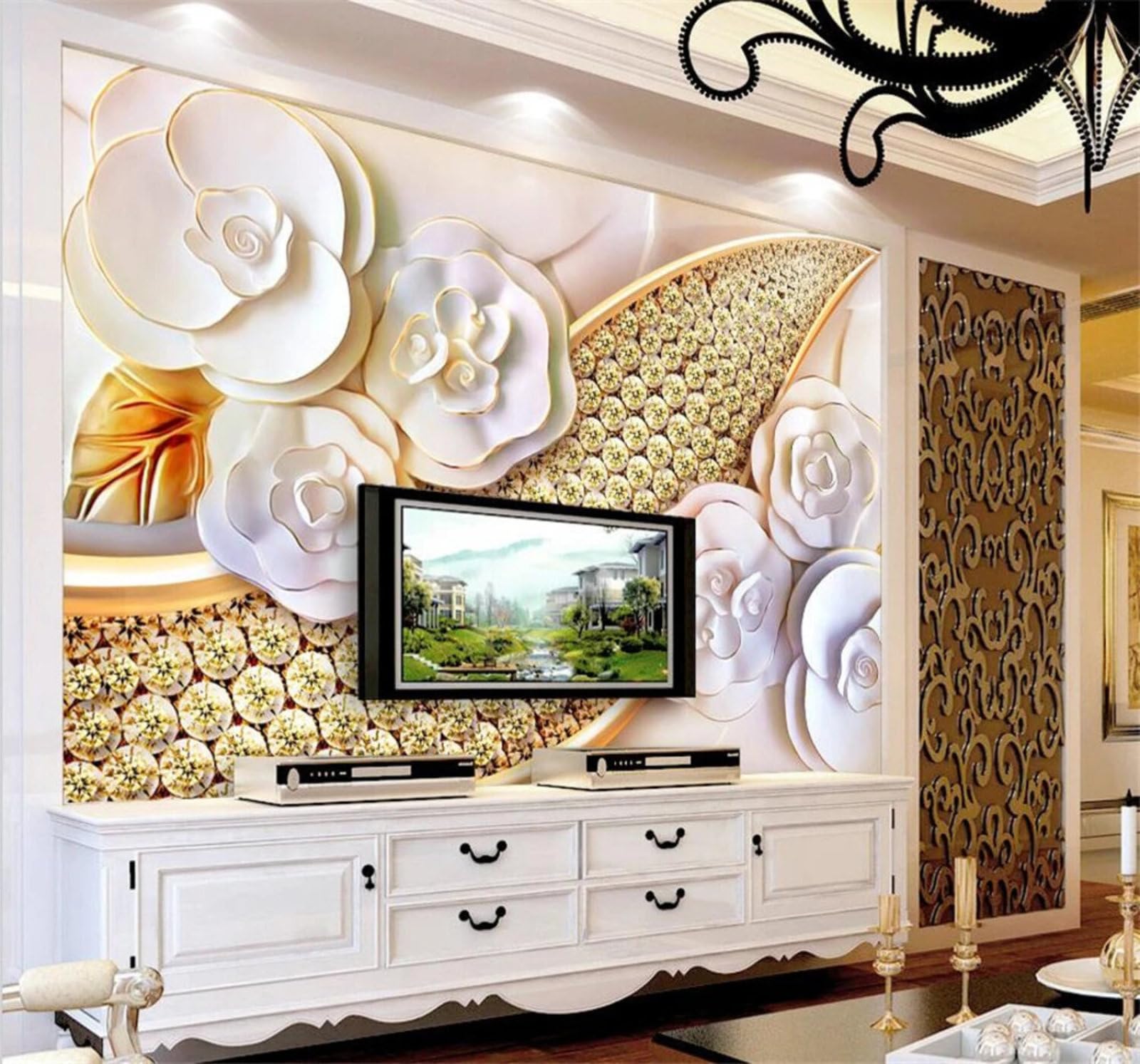 Xlming 200Cm×140Cm(B×H) Embossed Luxurious Diamonds Flowers Jewellery 3D Wallpaper Luxury Home Dining Decor Paste Sofa Living Room The Wall For Bedroom Mural-200Cm×140Cm