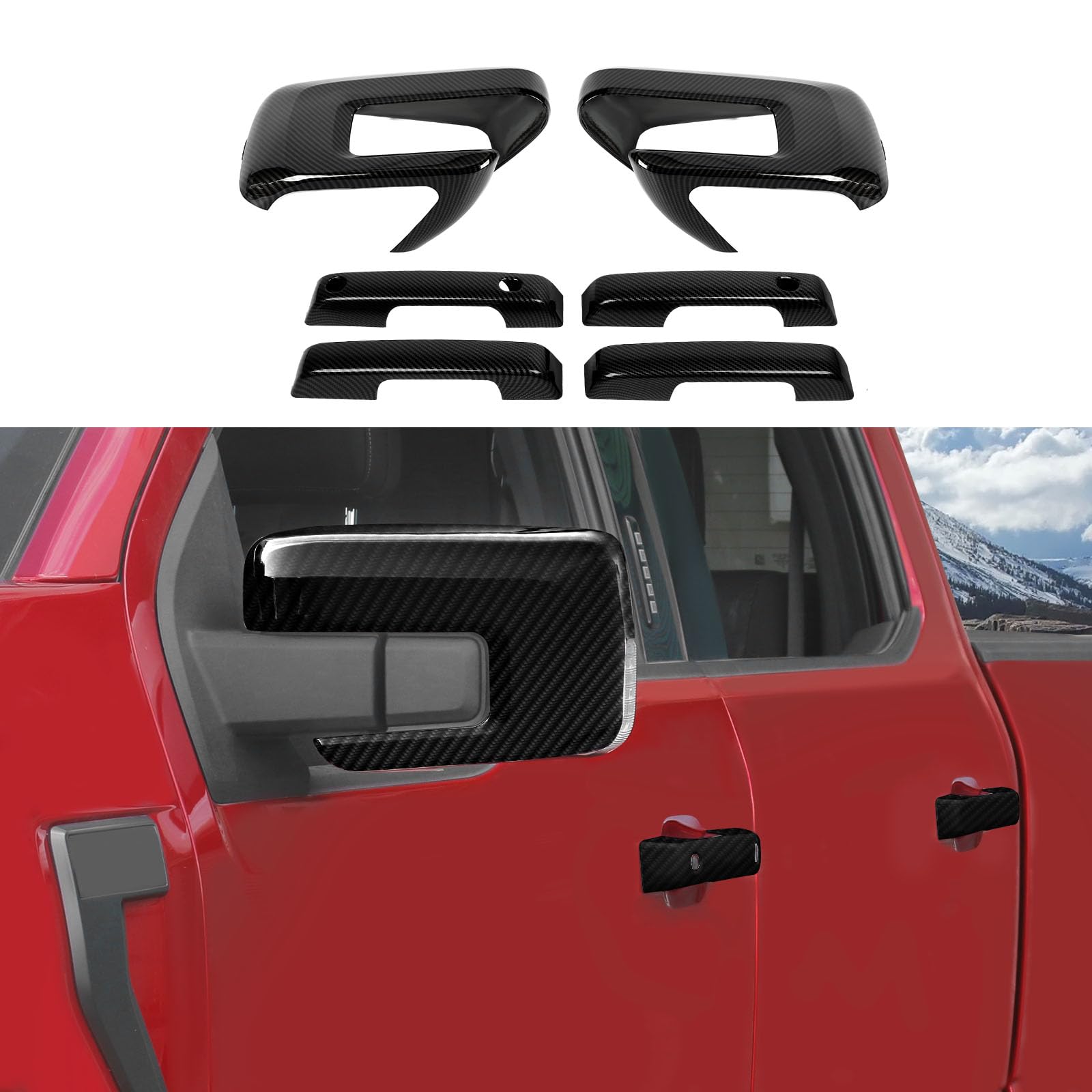 CheroCar Carbon Fiber Mirror Cover with Signal Cut-Out + Door Handle Trim Molding for Ford F-150 2021-2025 — OEM Style Replacement Side Mirror Caps & Door Garnish Accessories