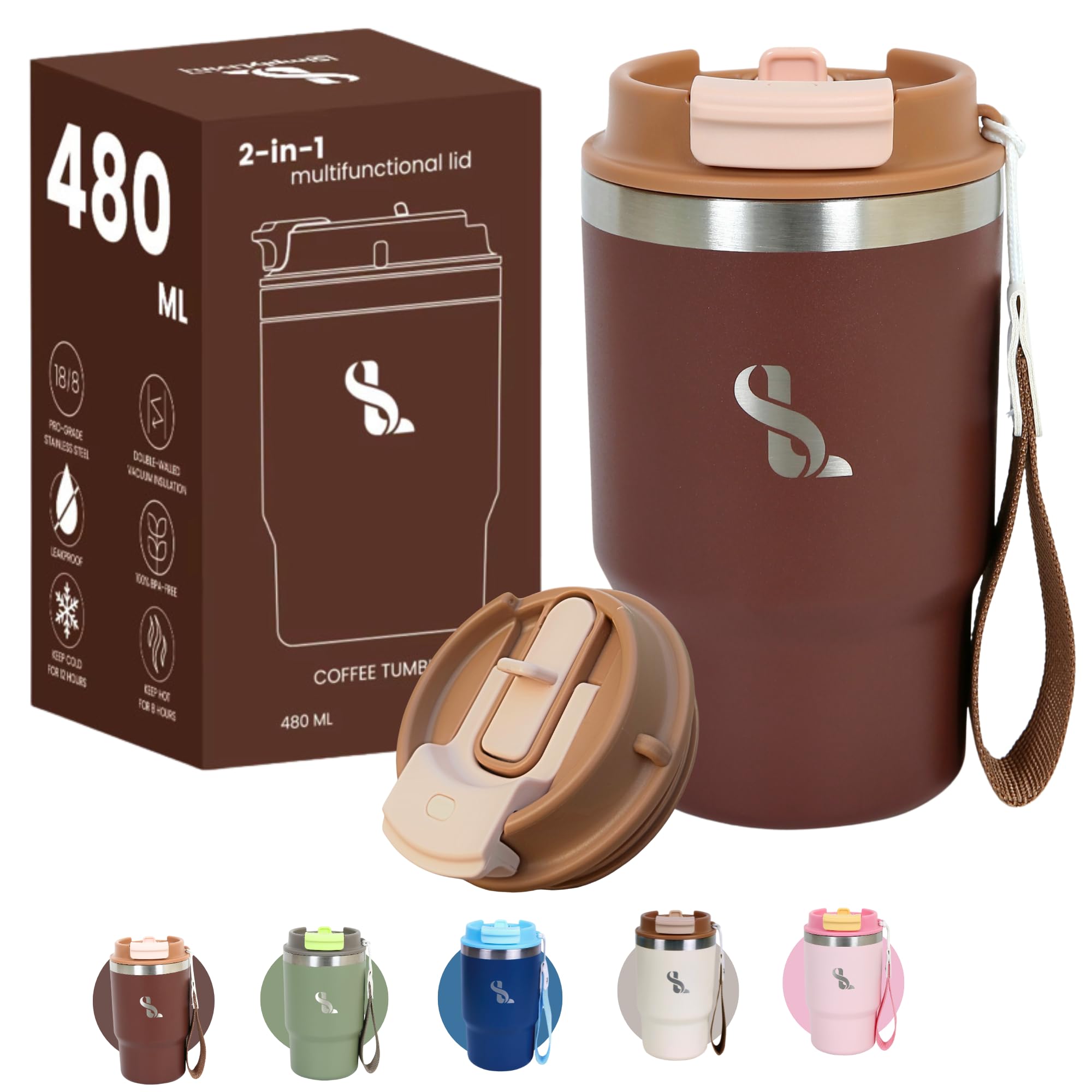 SimplyLivin. Premium Tumbler with Lid and Straw | 480ml (16oz) | Hot and Cold Drinks | Leak Proof | Travel Mug | Coffee Cup | Double Wall Stainless Steel | Unique Packaging for Gifts | Coffee Brown